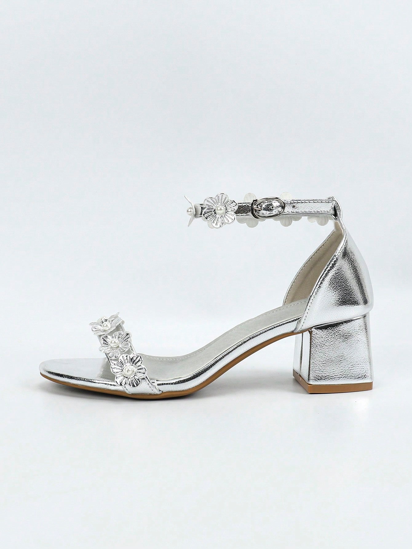 Women's Chunky Heel Sandals With Floral Detail, Peep Toe And Ankle Strap, Suitable For Wedding And Princess Look