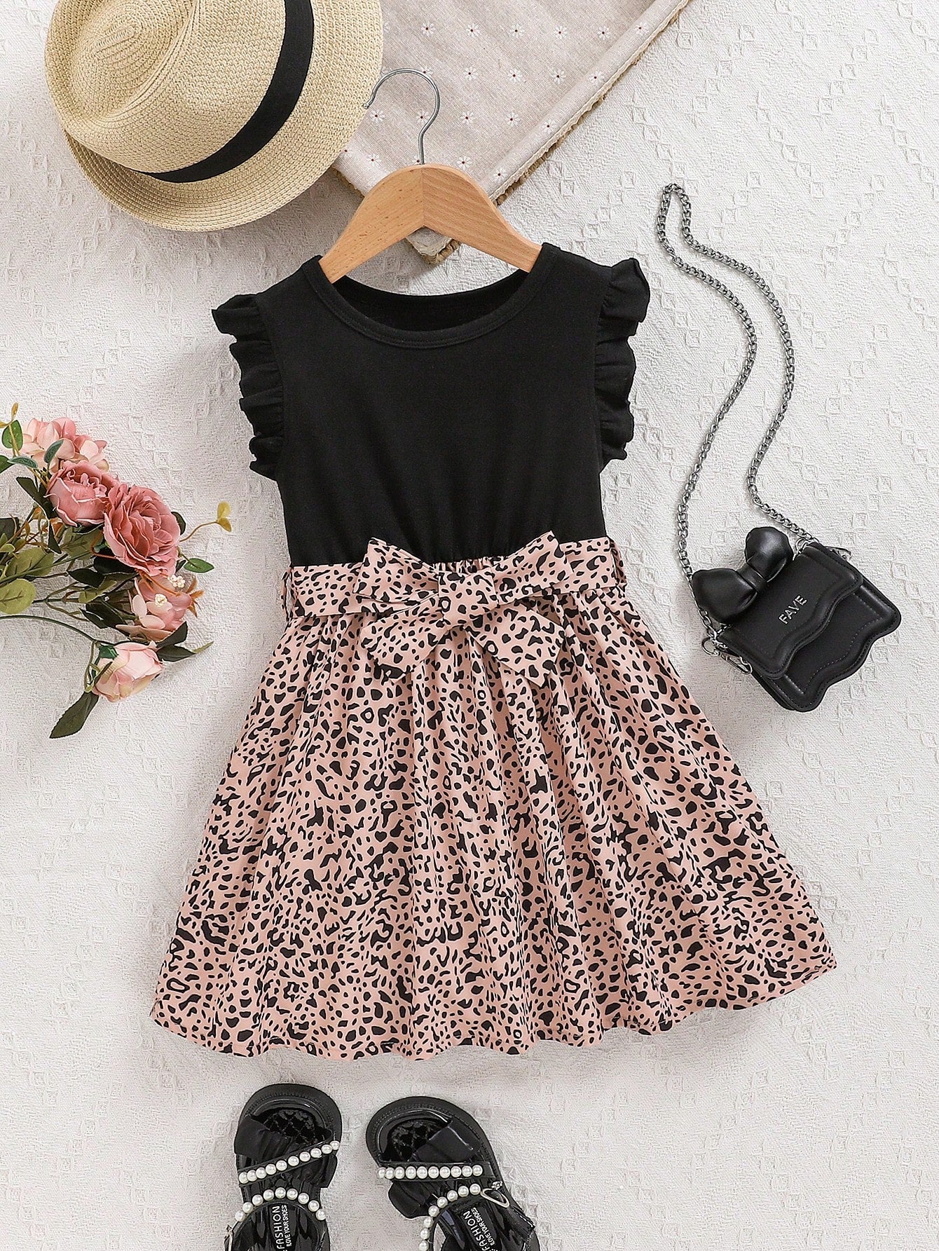 Young Girls' Fashionable Leopard Print Short Sleeves Dress With Bow Decorated Round Neck, Summer