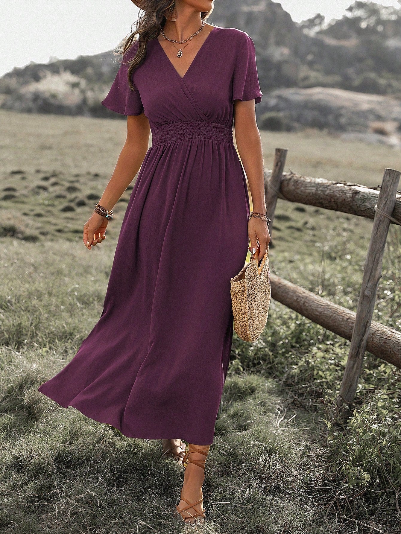 LUNE Solid Color Gathered Waist Side Split Dress