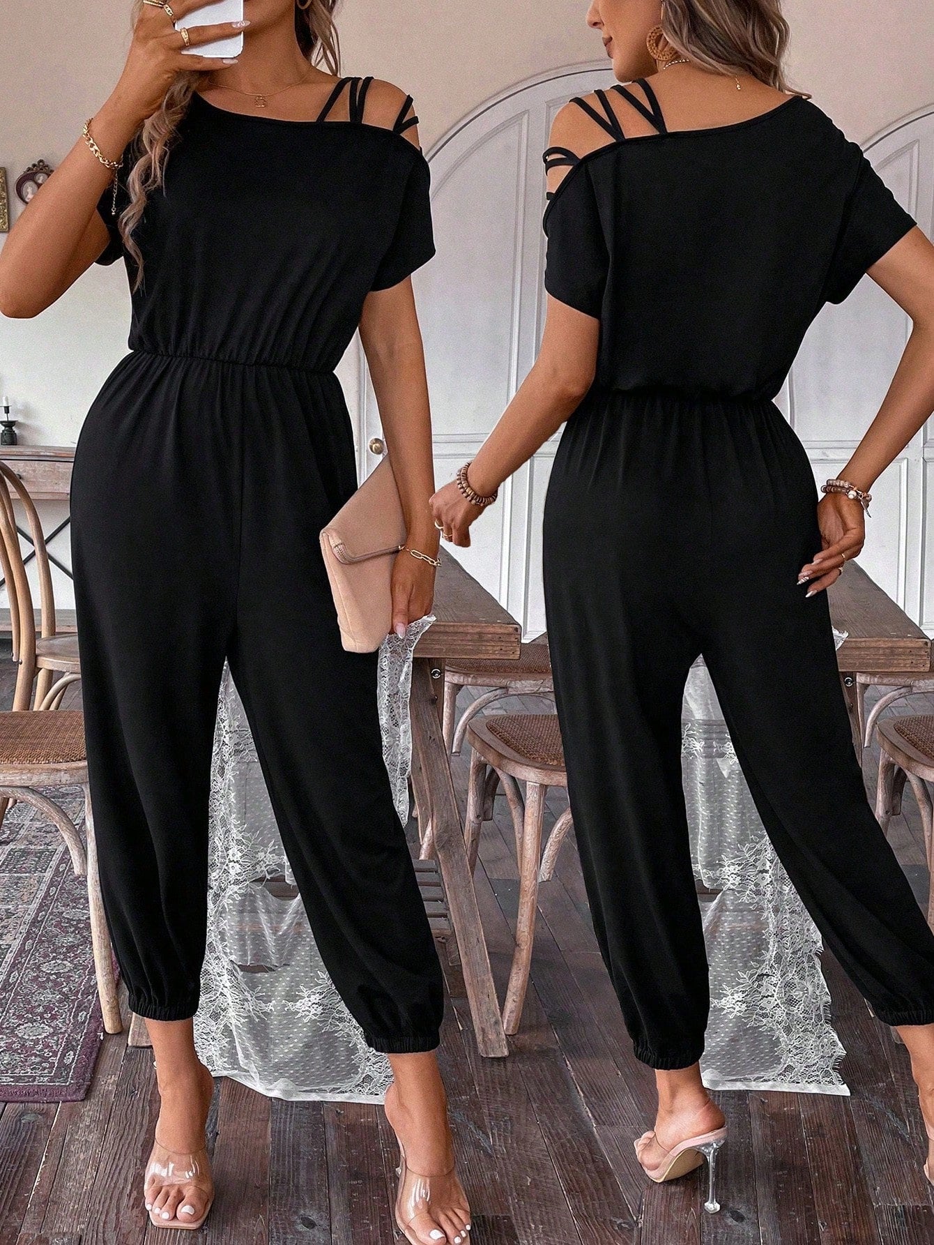 Relaxiva Women'S Asymmetrical Shoulder & Cinching Waist Jumpsuit