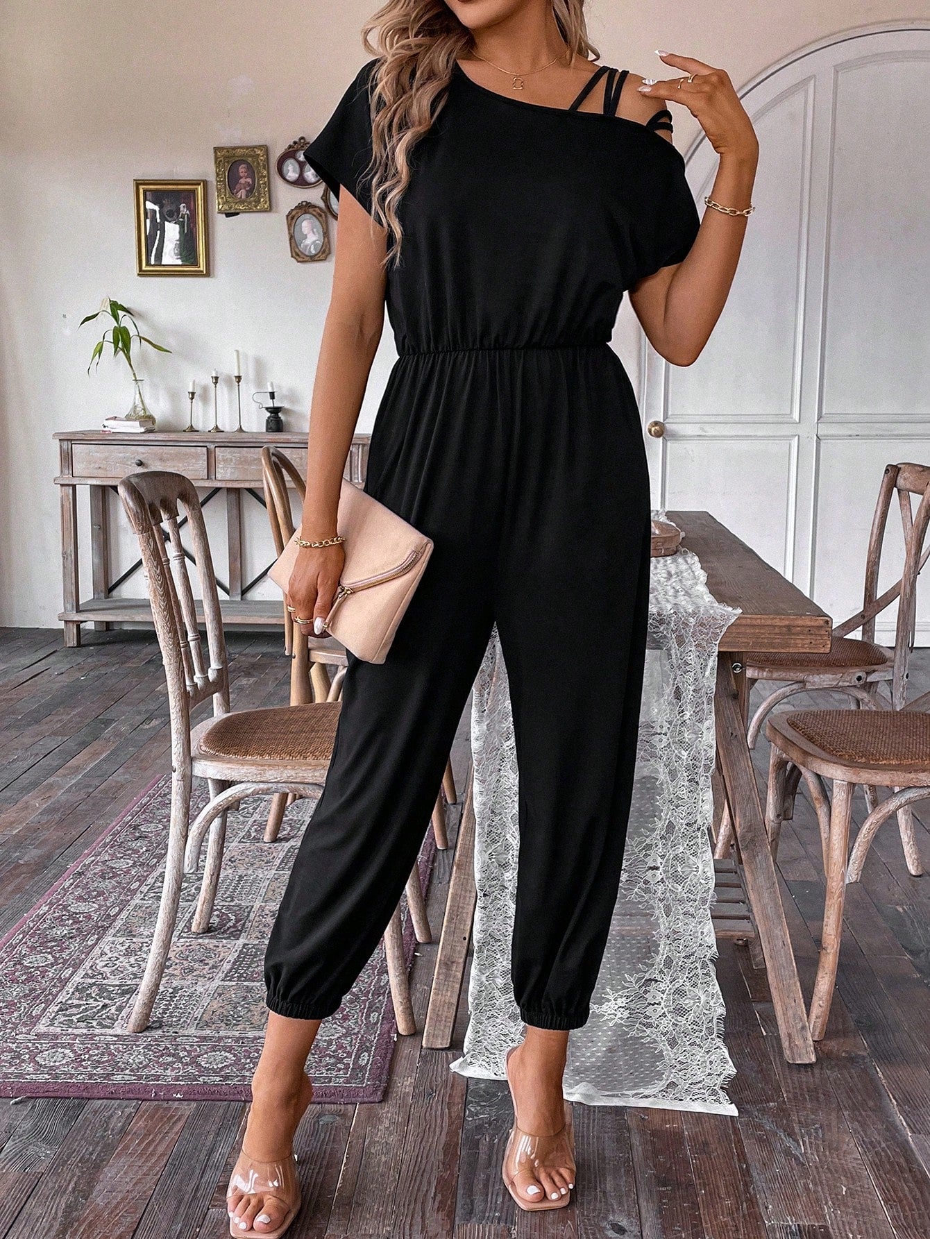 Relaxiva Women'S Asymmetrical Shoulder & Cinching Waist Jumpsuit