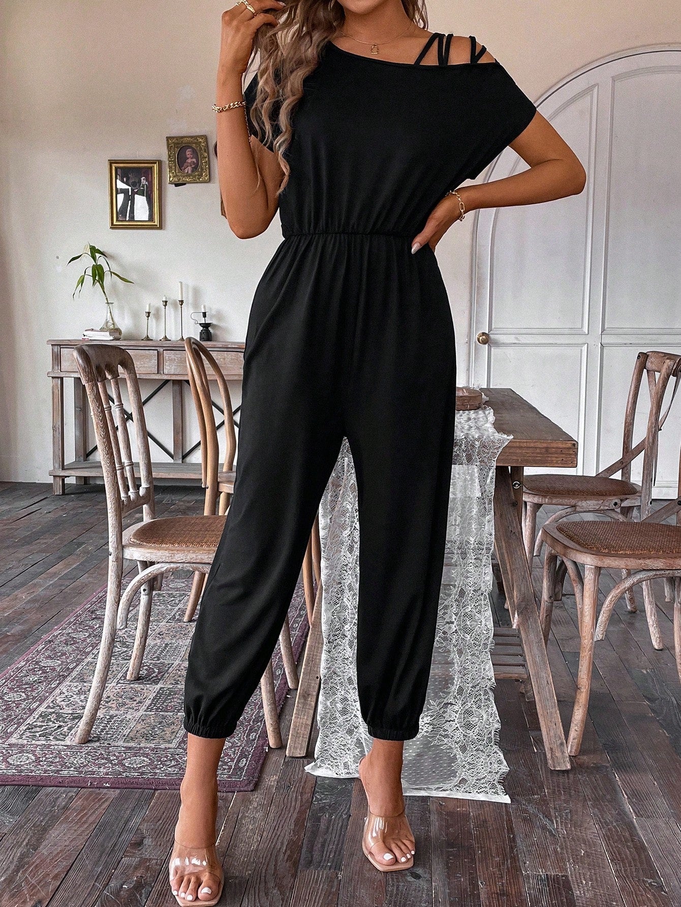 Relaxiva Women'S Asymmetrical Shoulder & Cinching Waist Jumpsuit