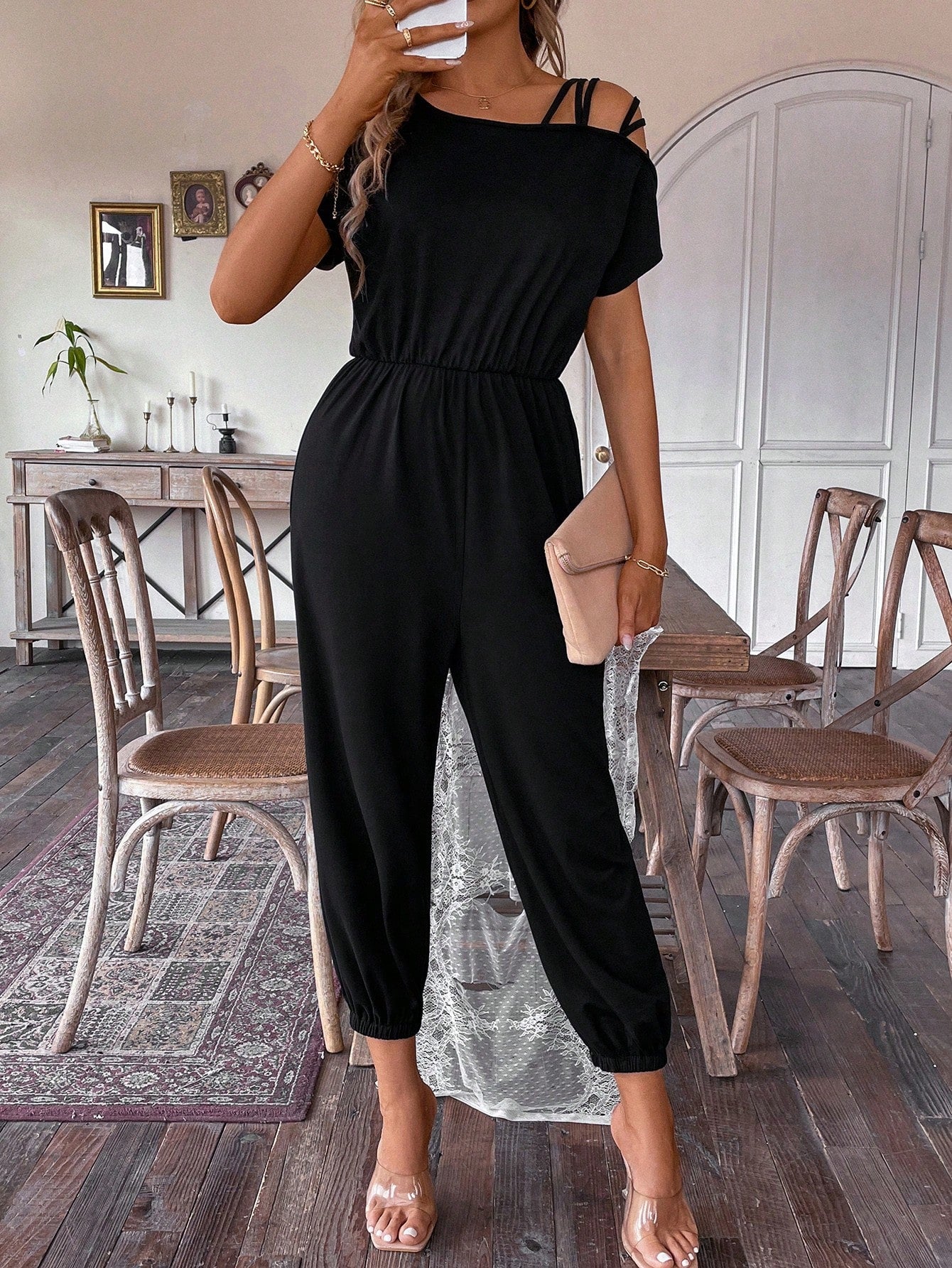 Relaxiva Women'S Asymmetrical Shoulder & Cinching Waist Jumpsuit