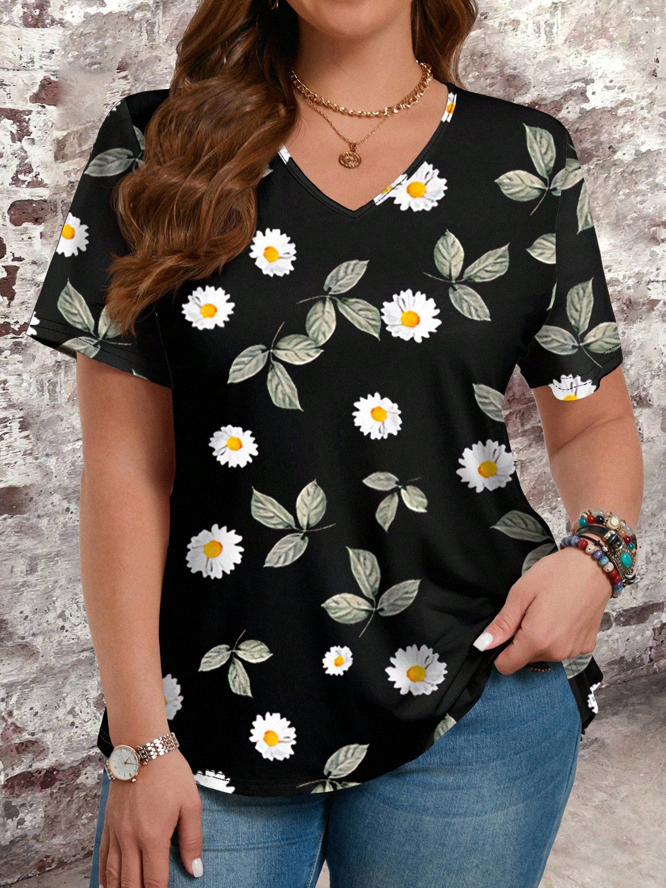 EMERY ROSE Plus Size Ladies' Casual Daisy Pattern Printed Short Sleeve Bodysuit T-Shirt For Summer