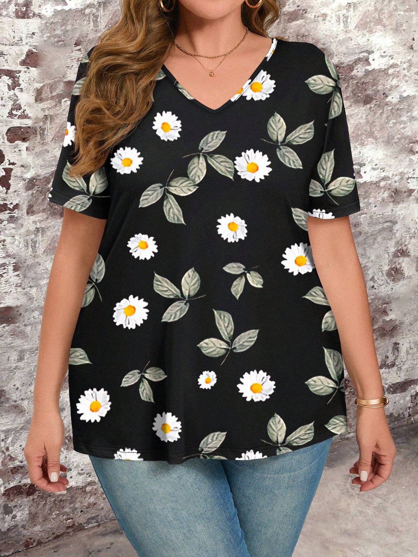 EMERY ROSE Plus Size Ladies' Casual Daisy Pattern Printed Short Sleeve Bodysuit T-Shirt For Summer