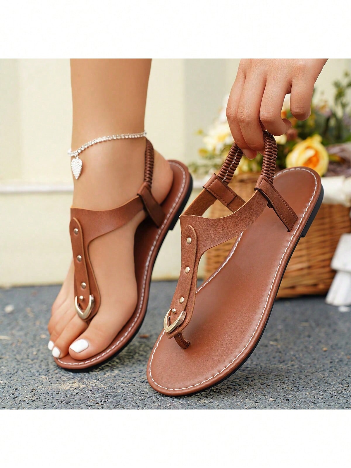 Women's Elastic Strap Round Toe Flat Sandals With Rivets, Hollow Out Toe Cap Anti-Slip Summer Sandals, Outdoor Flat Slippers