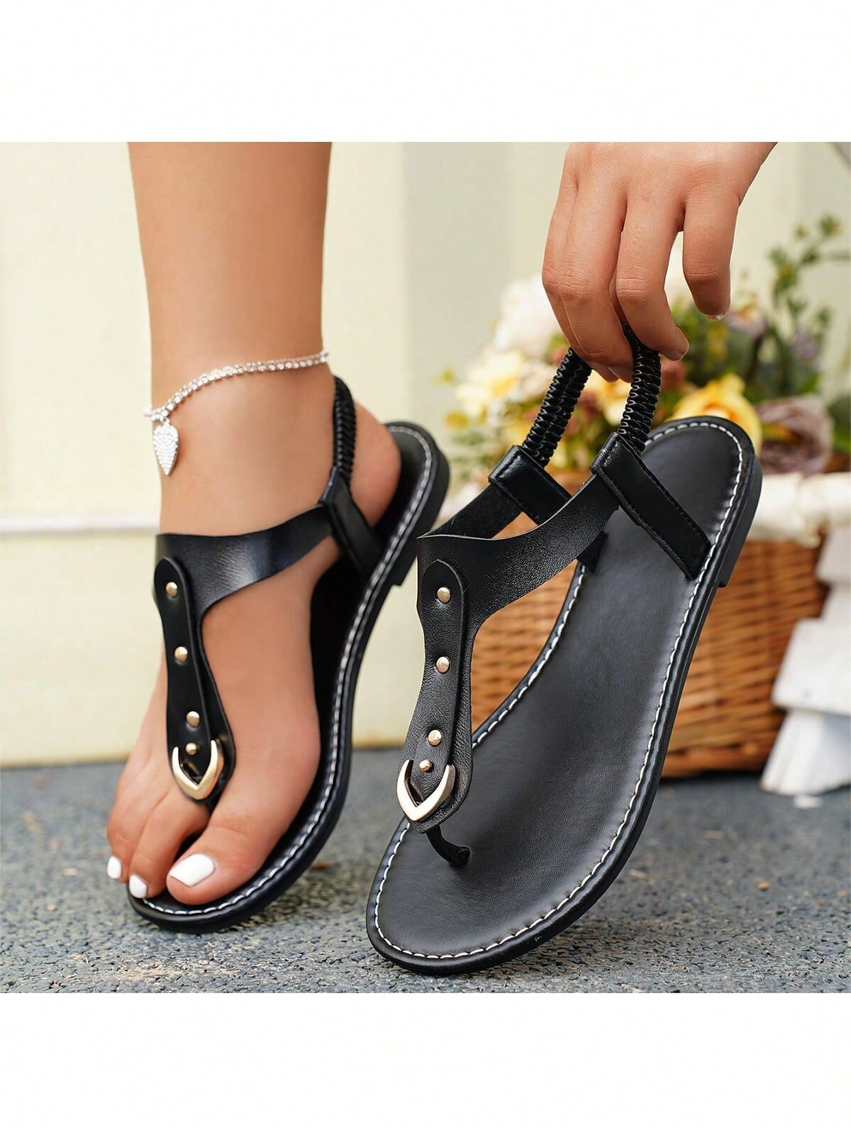 Women's Elastic Strap Round Toe Flat Sandals With Rivets, Hollow Out Toe Cap Anti-Slip Summer Sandals, Outdoor Flat Slippers