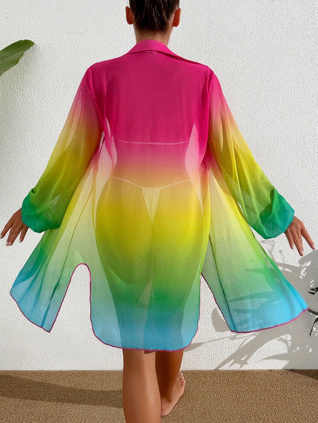 Swim Summer Beach Gradient Lantern Sleeve Sheer Kimono