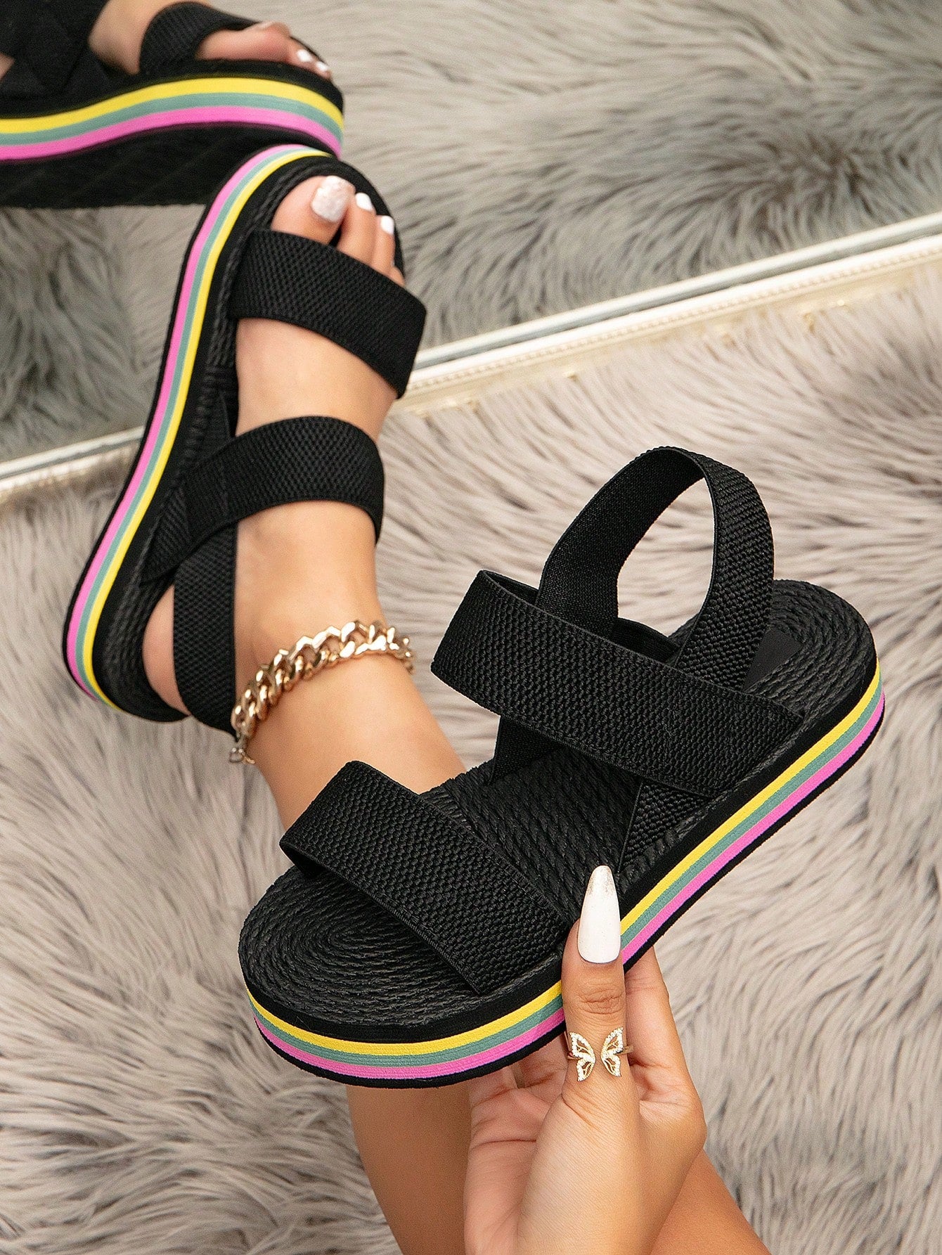 Women Double Band Slingback Sandals, Vacation Summer Elastic Wedge Sandals