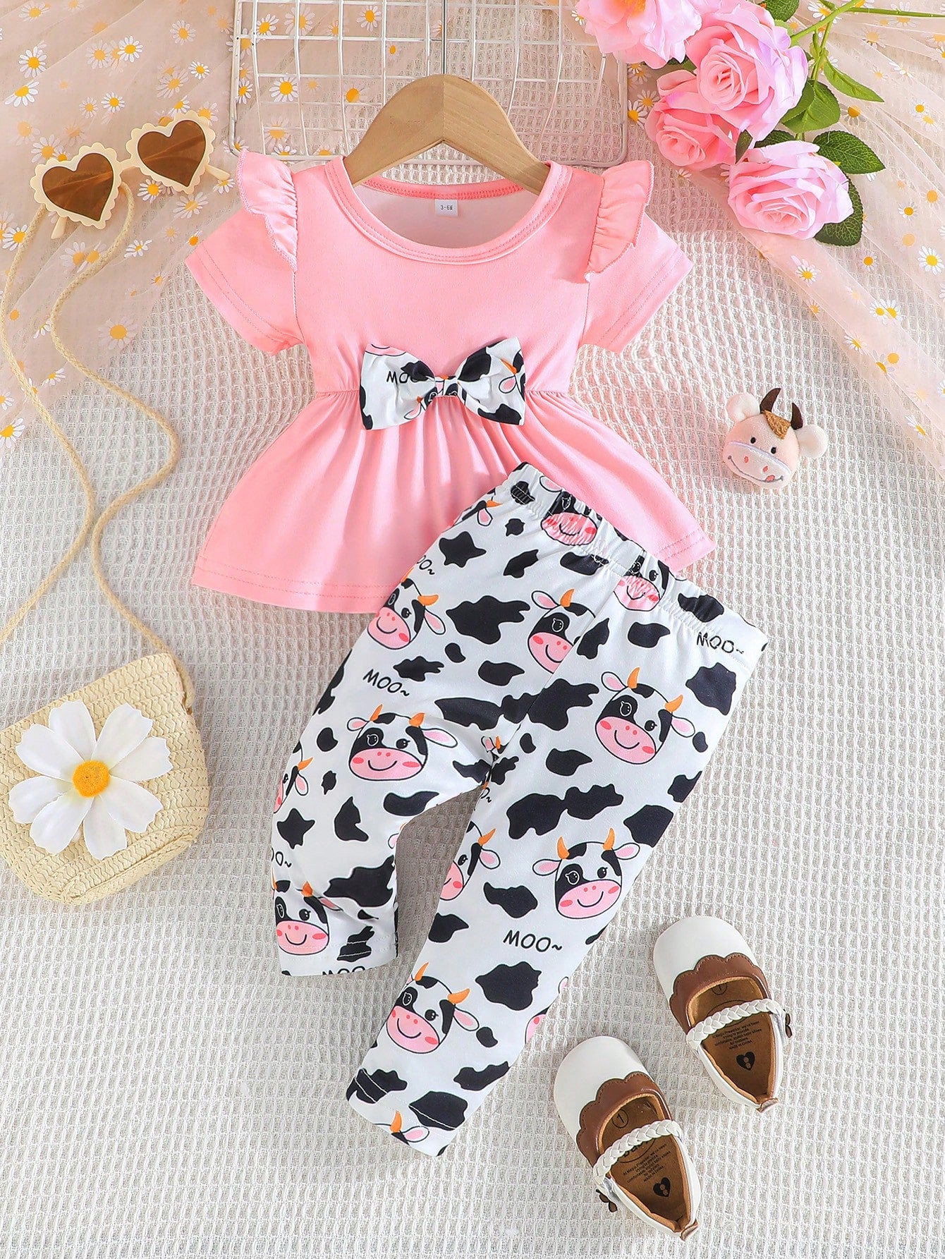 Baby Girls' Summer Short Sleeve Ruffle Trim Shoulder Bowknot Top With Bee Print Long Pants Casual Outfit