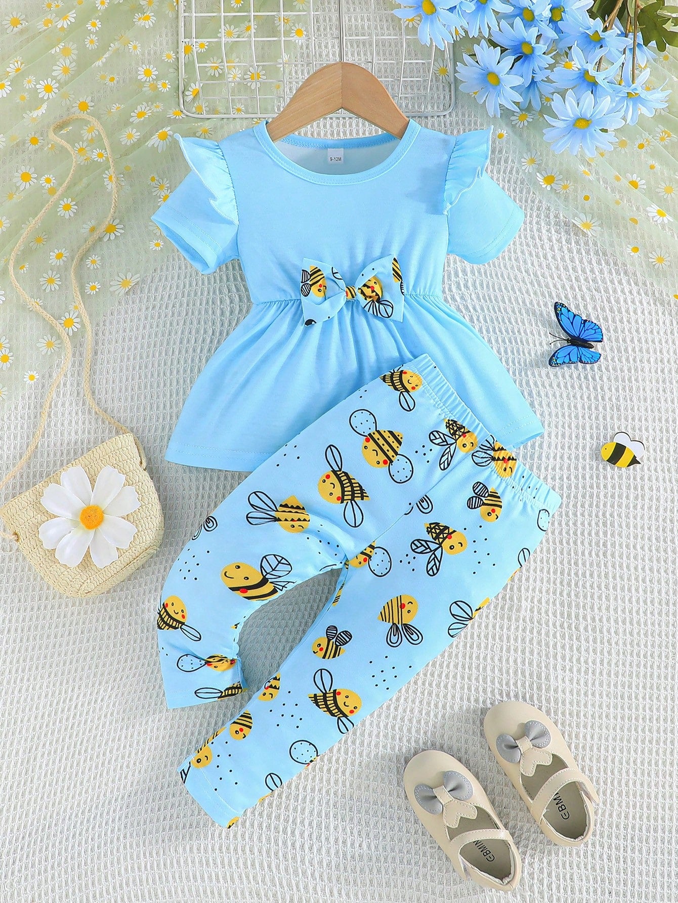 Baby Girls' Summer Short Sleeve Ruffle Trim Shoulder Bowknot Top With Bee Print Long Pants Casual Outfit