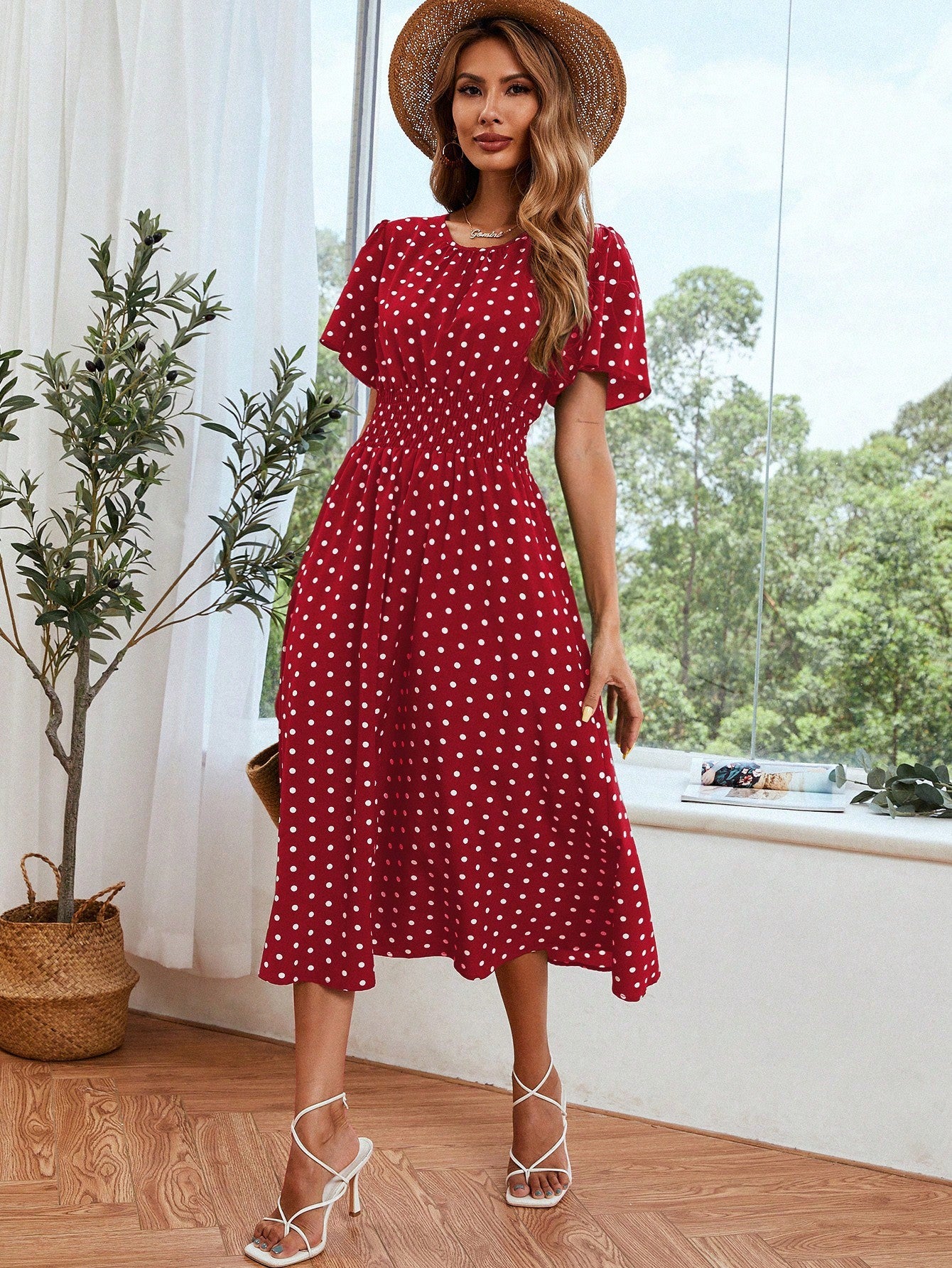 LUNE Women Elegant Short Sleeve Round Neck Waist Tie Long Printed Dress For Summer Holiday