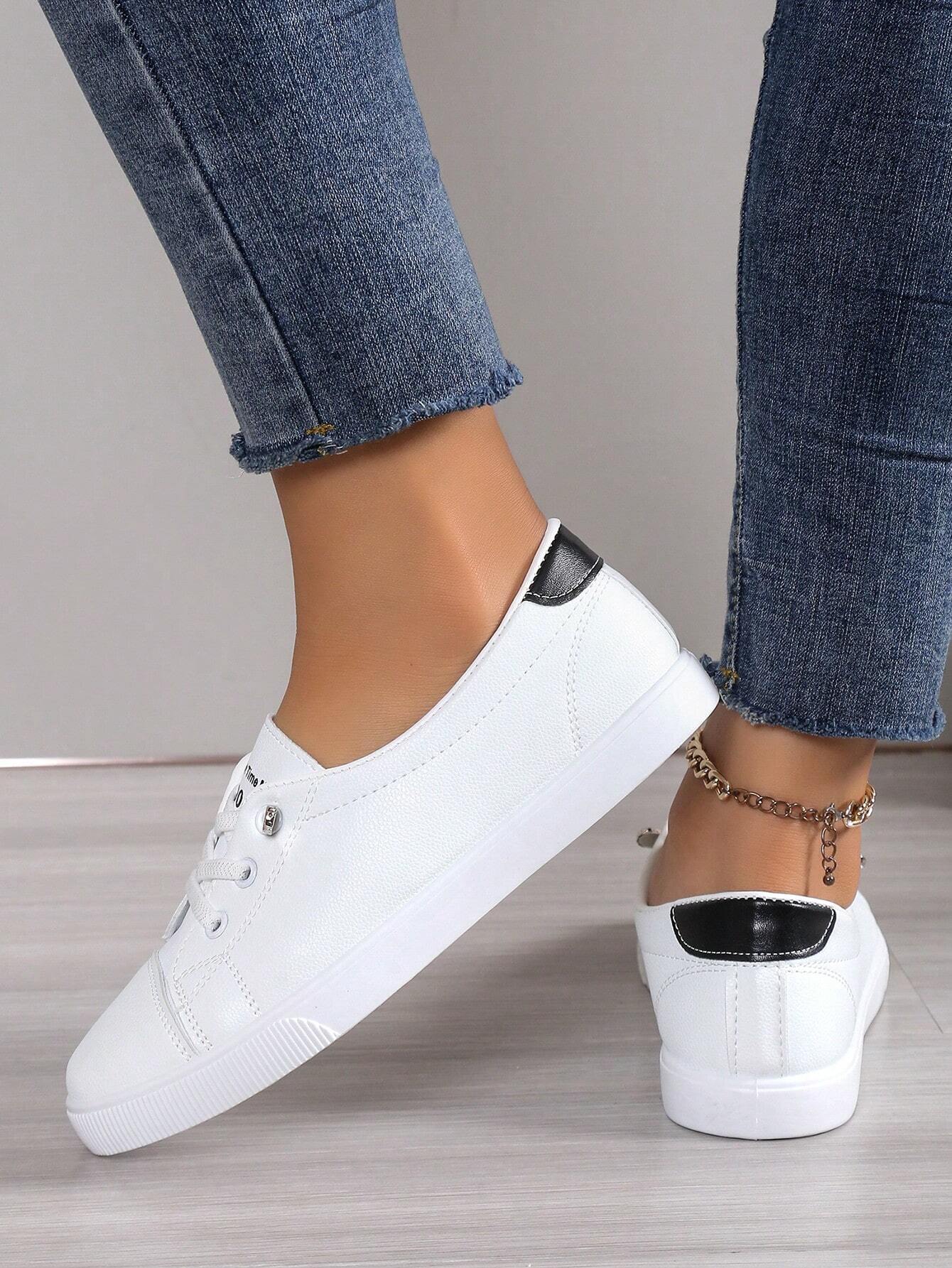 Fashion White Sneakers For Students, Comfortable Flat Front Lace-Up Casual Sports Shoes