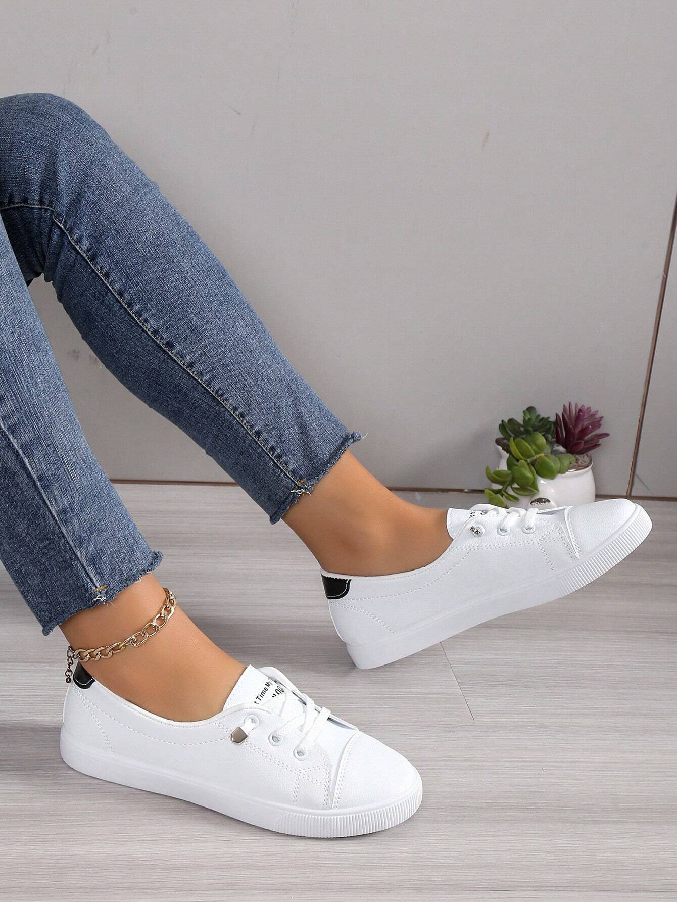 Fashion White Sneakers For Students, Comfortable Flat Front Lace-Up Casual Sports Shoes