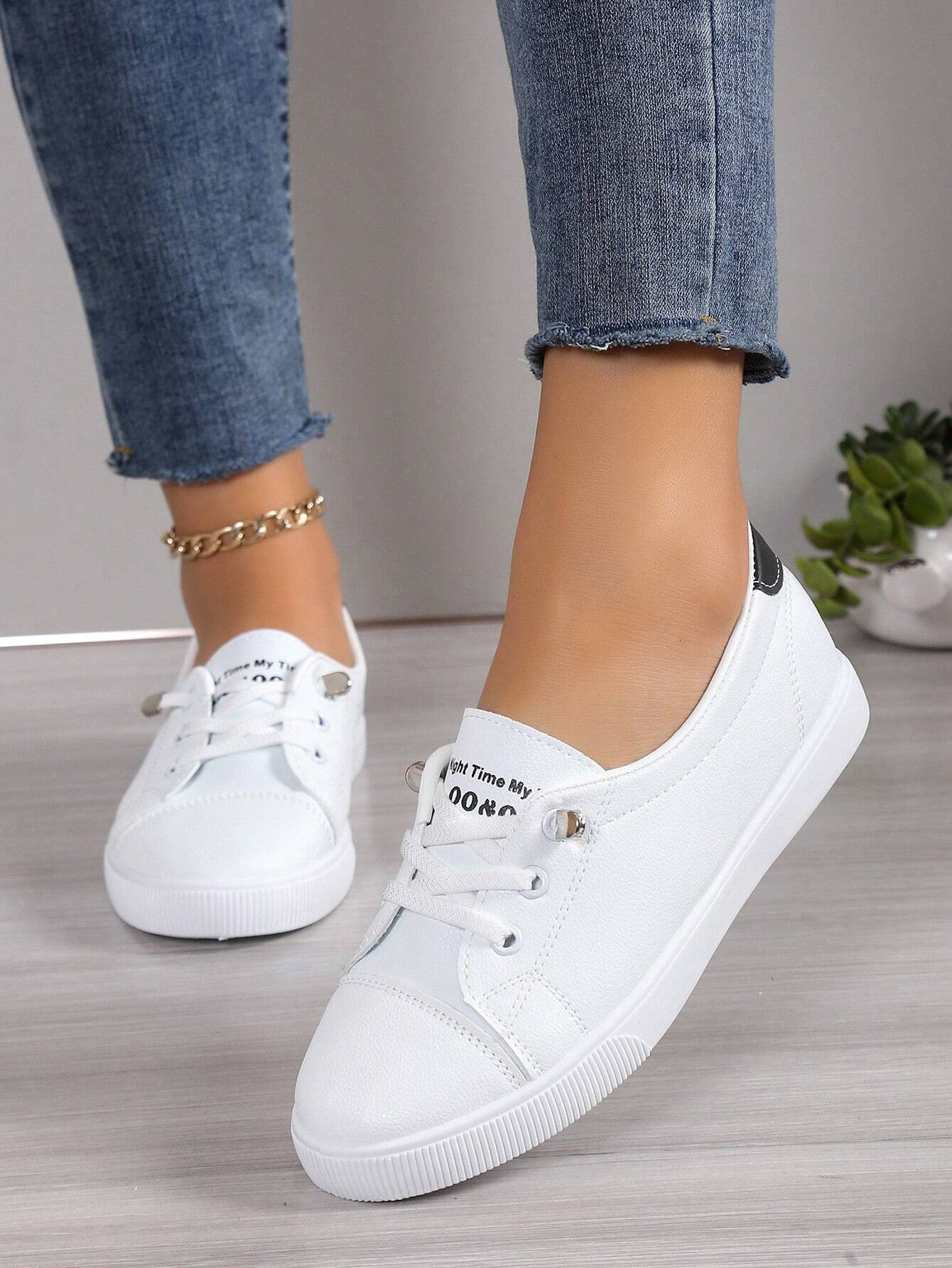 Fashion White Sneakers For Students, Comfortable Flat Front Lace-Up Casual Sports Shoes