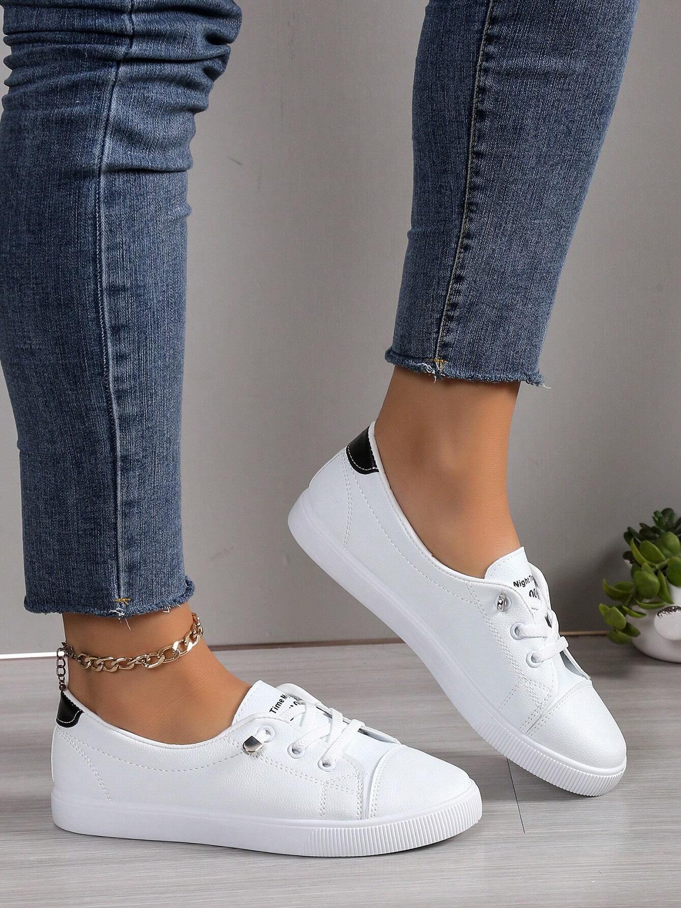 Fashion White Sneakers For Students, Comfortable Flat Front Lace-Up Casual Sports Shoes