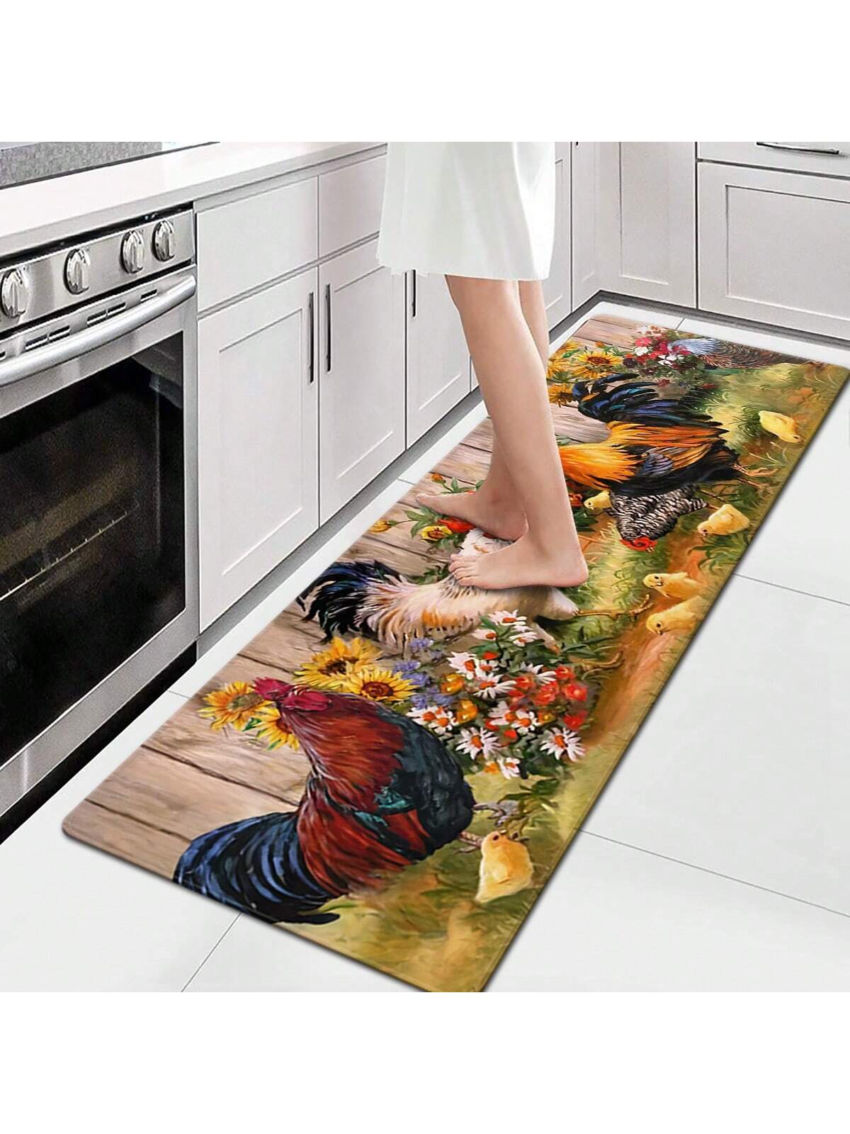 X&M HDeco 1pc Chicken Patterns Anti-Fatigue Kitchen Rug,Rustic Indoor Non-Slip Carpet,For Farmhouse Home Bathroom Bedroom Living Room Decor, Absorbent Anti-Slip Anti-Stain Floor Mat,Soft Comfort Standing Mat