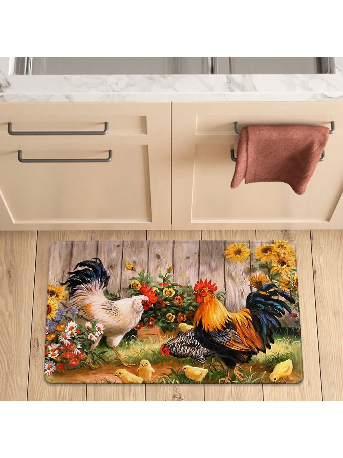 X&M HDeco 1pc Chicken Patterns Anti-Fatigue Kitchen Rug,Rustic Indoor Non-Slip Carpet,For Farmhouse Home Bathroom Bedroom Living Room Decor, Absorbent Anti-Slip Anti-Stain Floor Mat,Soft Comfort Standing Mat