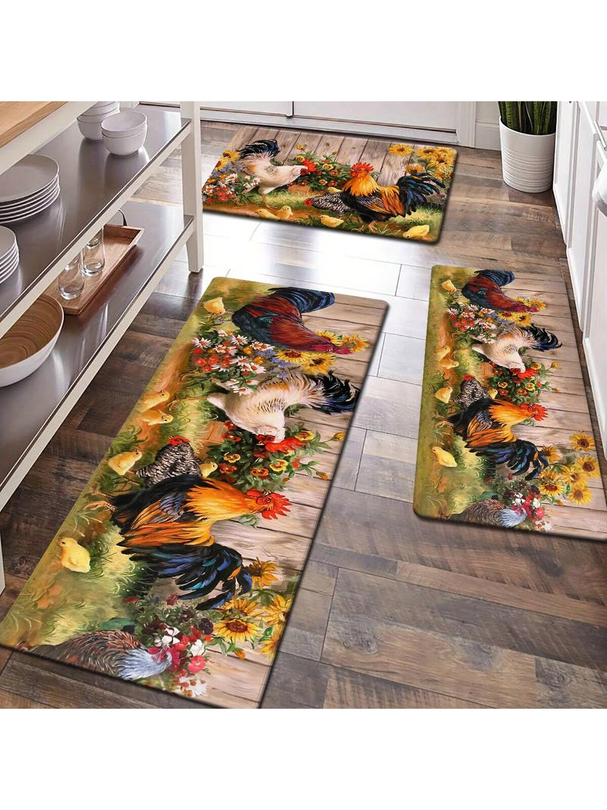 X&M HDeco 1pc Chicken Patterns Anti-Fatigue Kitchen Rug,Rustic Indoor Non-Slip Carpet,For Farmhouse Home Bathroom Bedroom Living Room Decor, Absorbent Anti-Slip Anti-Stain Floor Mat,Soft Comfort Standing Mat