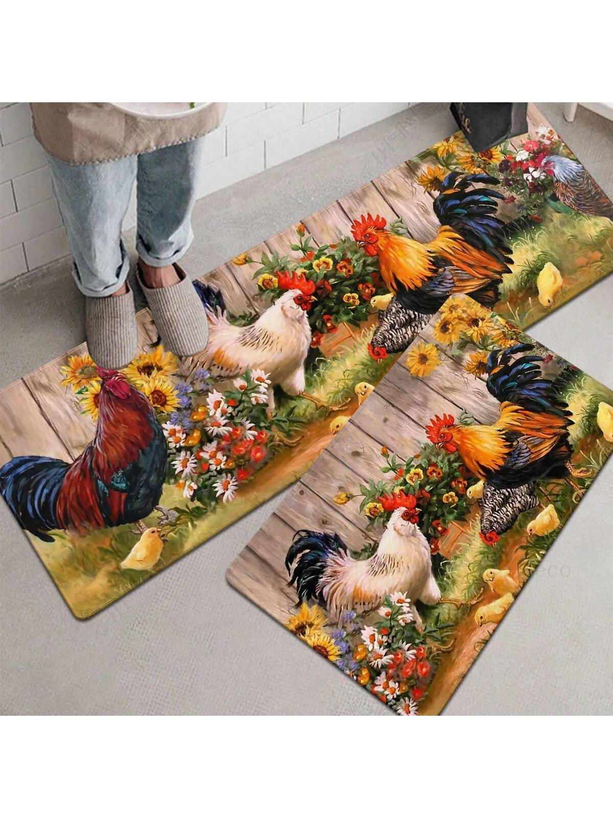 X&M HDeco 1pc Chicken Patterns Anti-Fatigue Kitchen Rug,Rustic Indoor Non-Slip Carpet,For Farmhouse Home Bathroom Bedroom Living Room Decor, Absorbent Anti-Slip Anti-Stain Floor Mat,Soft Comfort Standing Mat