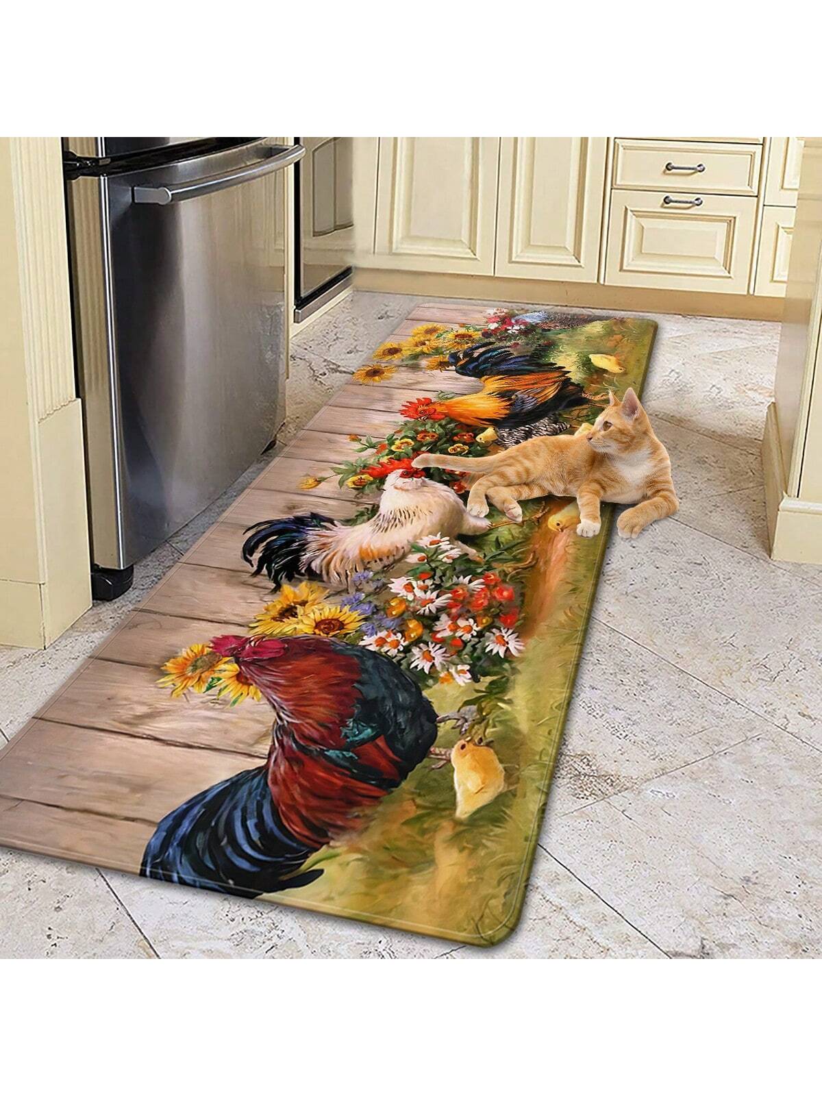 X&M HDeco 1pc Chicken Patterns Anti-Fatigue Kitchen Rug,Rustic Indoor Non-Slip Carpet,For Farmhouse Home Bathroom Bedroom Living Room Decor, Absorbent Anti-Slip Anti-Stain Floor Mat,Soft Comfort Standing Mat