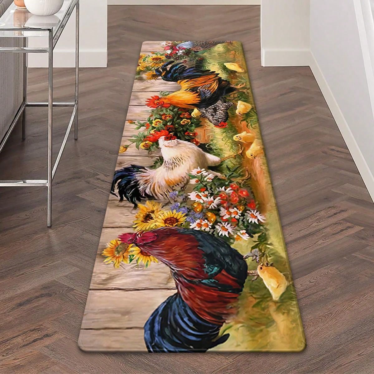 X&M HDeco 1pc Chicken Patterns Anti-Fatigue Kitchen Rug,Rustic Indoor Non-Slip Carpet,For Farmhouse Home Bathroom Bedroom Living Room Decor, Absorbent Anti-Slip Anti-Stain Floor Mat,Soft Comfort Standing Mat