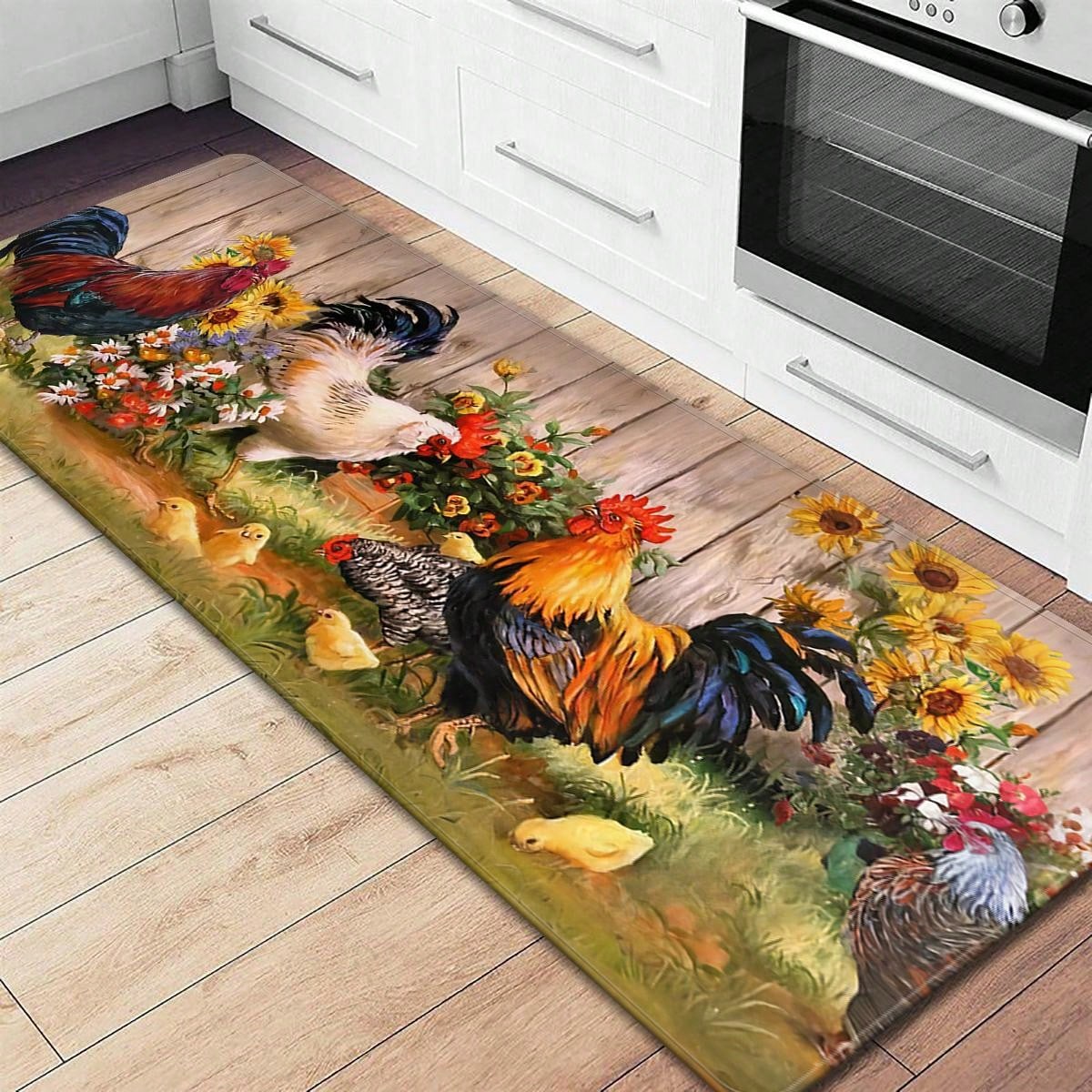 X&M HDeco 1pc Chicken Patterns Anti-Fatigue Kitchen Rug,Rustic Indoor Non-Slip Carpet,For Farmhouse Home Bathroom Bedroom Living Room Decor, Absorbent Anti-Slip Anti-Stain Floor Mat,Soft Comfort Standing Mat