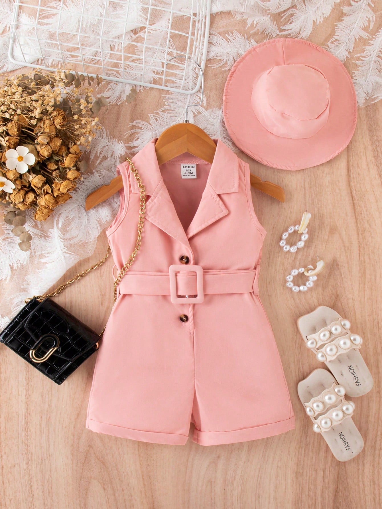 Baby Girl Button Front Belted Shirt Romper & Hat