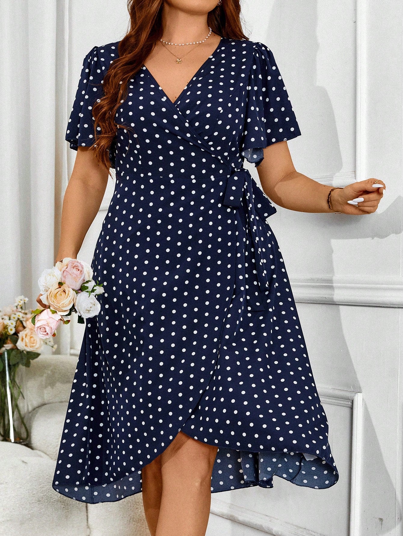 VCAY Plus Size Women's Summer Polka Dot Ruffled Sleeve Wrap Dress