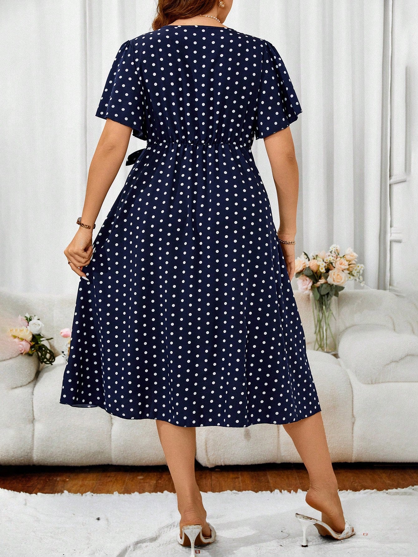 VCAY Plus Size Women's Summer Polka Dot Ruffled Sleeve Wrap Dress