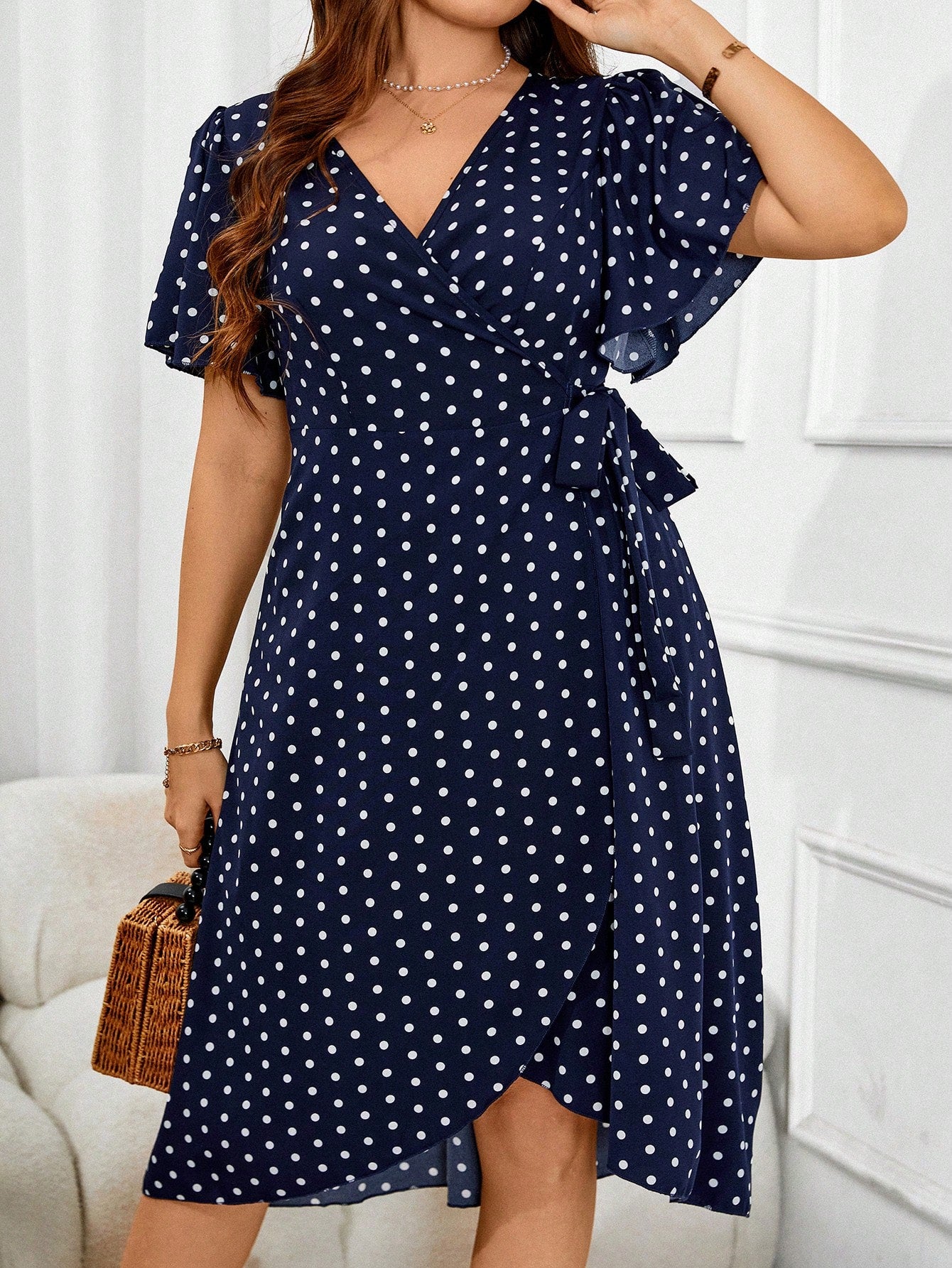 VCAY Plus Size Women's Summer Polka Dot Ruffled Sleeve Wrap Dress