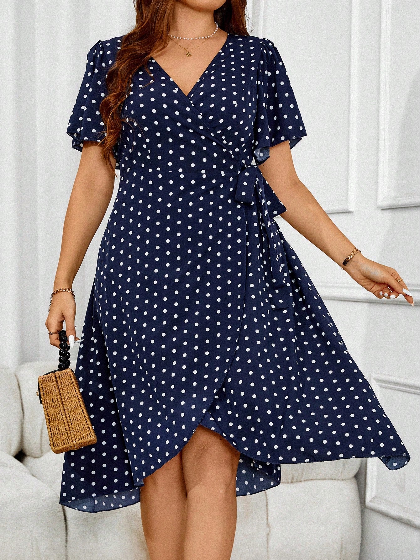 VCAY Plus Size Women's Summer Polka Dot Ruffled Sleeve Wrap Dress