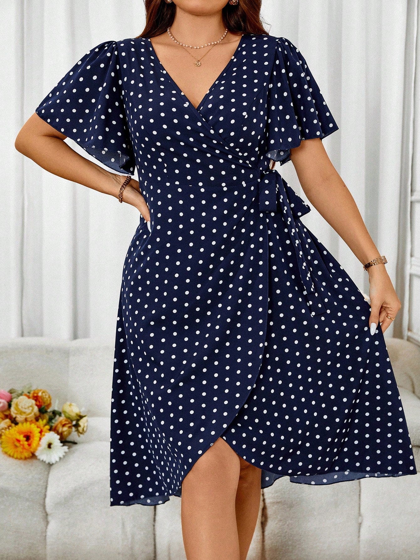 VCAY Plus Size Women's Summer Polka Dot Ruffled Sleeve Wrap Dress