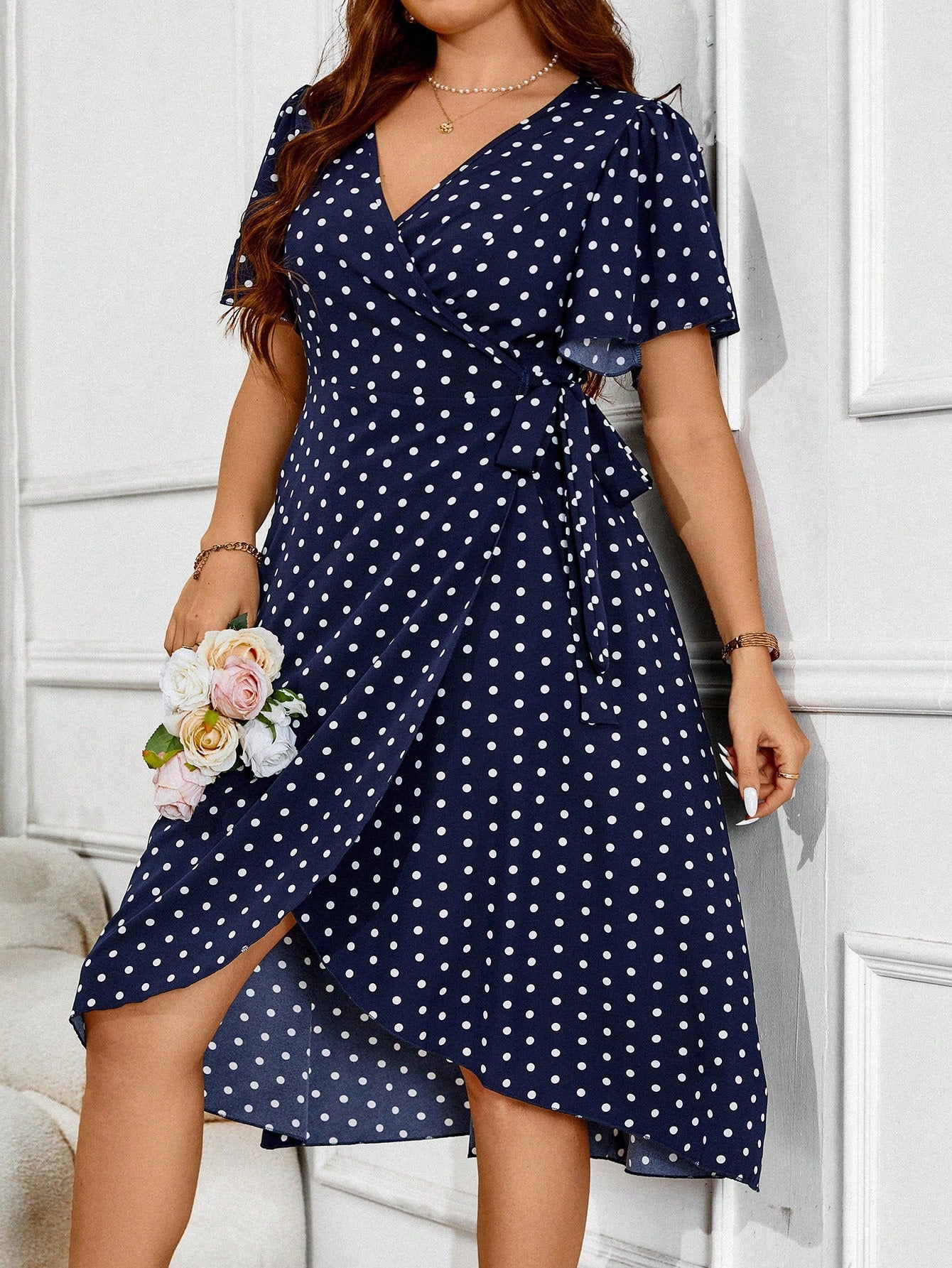 VCAY Plus Size Women's Summer Polka Dot Ruffled Sleeve Wrap Dress