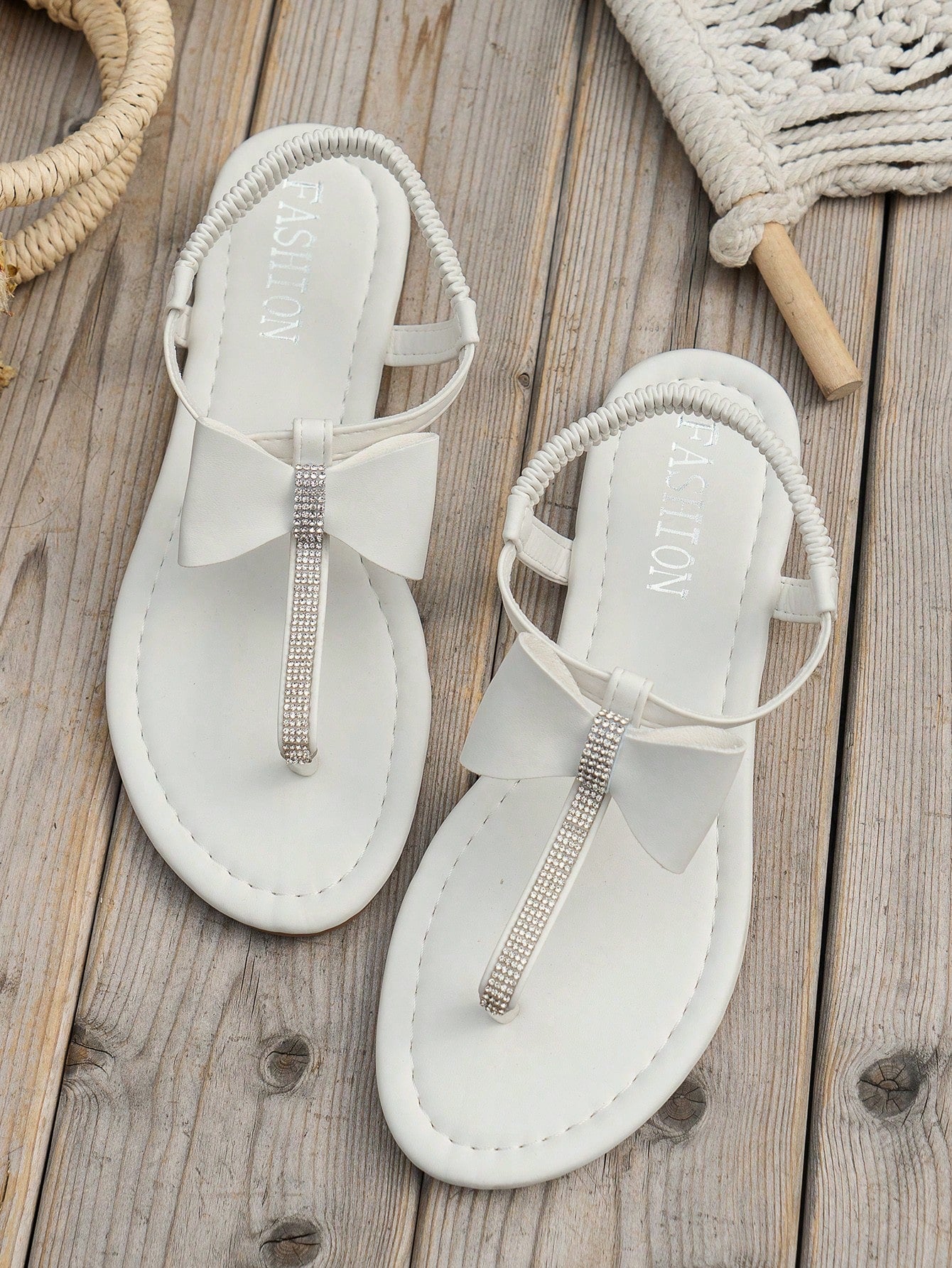 Women's White T-Strap Flat Sandals With Faux Pearl & Rhinestone, Bow Knot, Open Toe,, Casual, Beach, Party Shoes