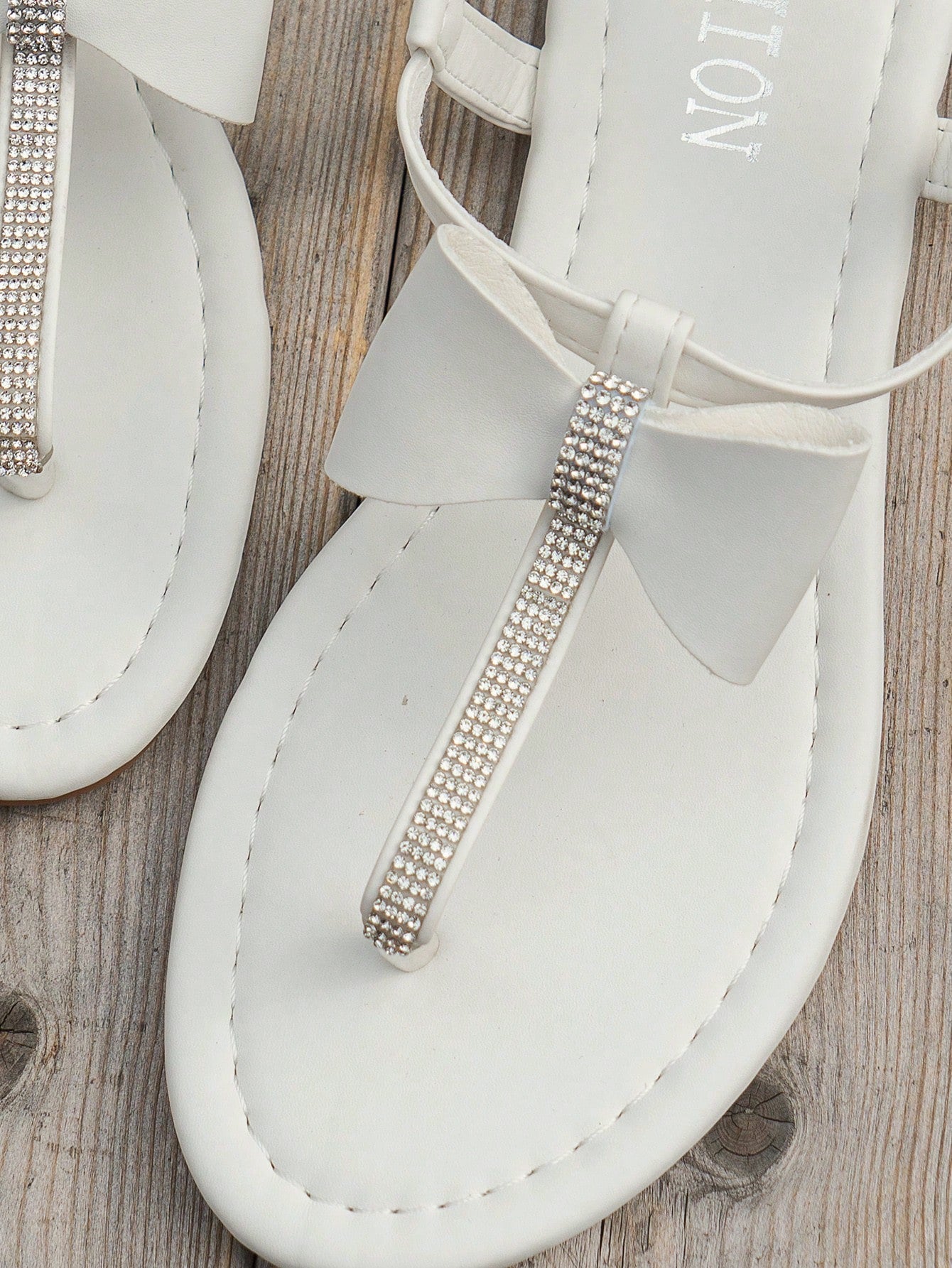 Women's White T-Strap Flat Sandals With Faux Pearl & Rhinestone, Bow Knot, Open Toe,, Casual, Beach, Party Shoes