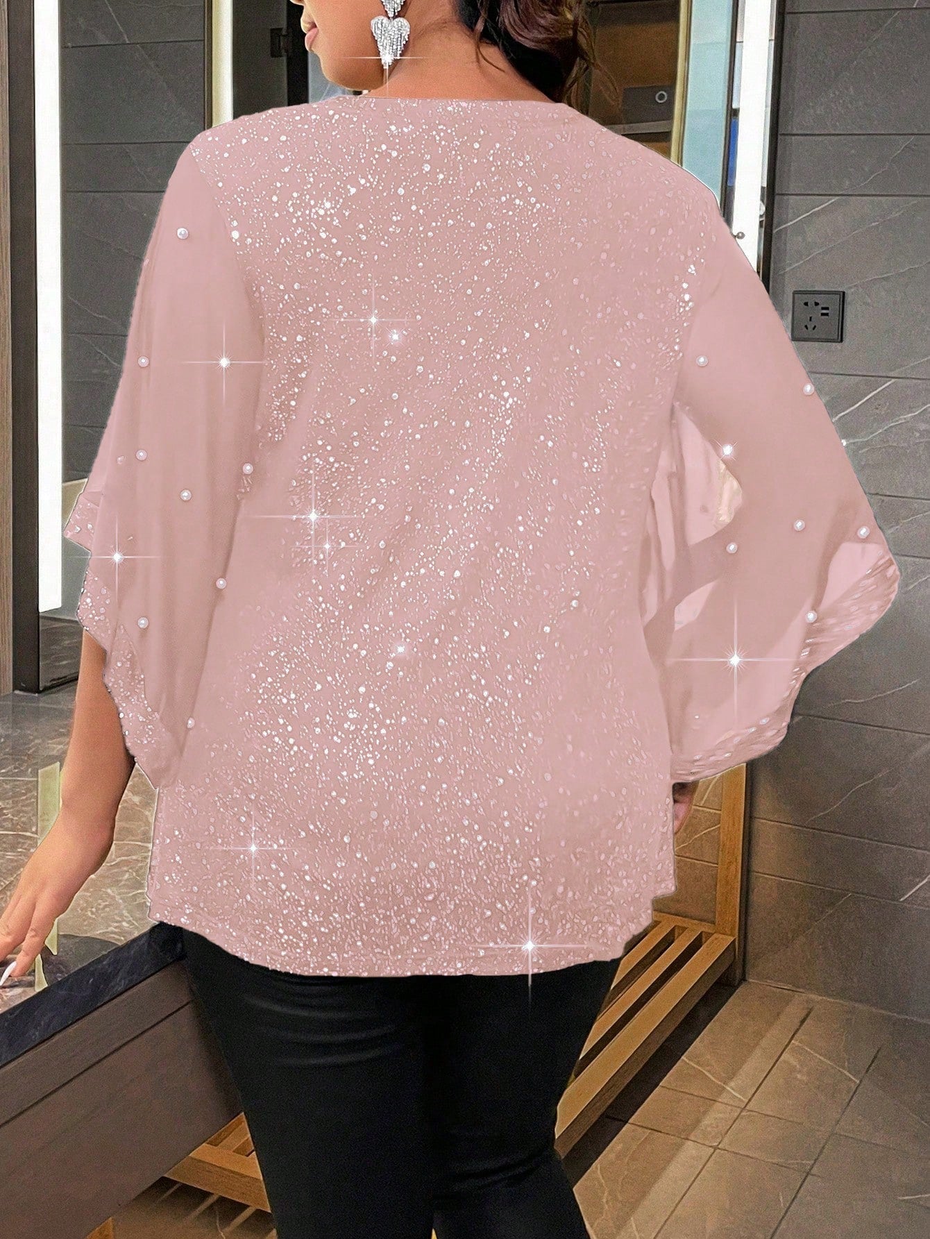 BAE Plus Size Women's Glitter Ruffle Sleeve T-Shirt