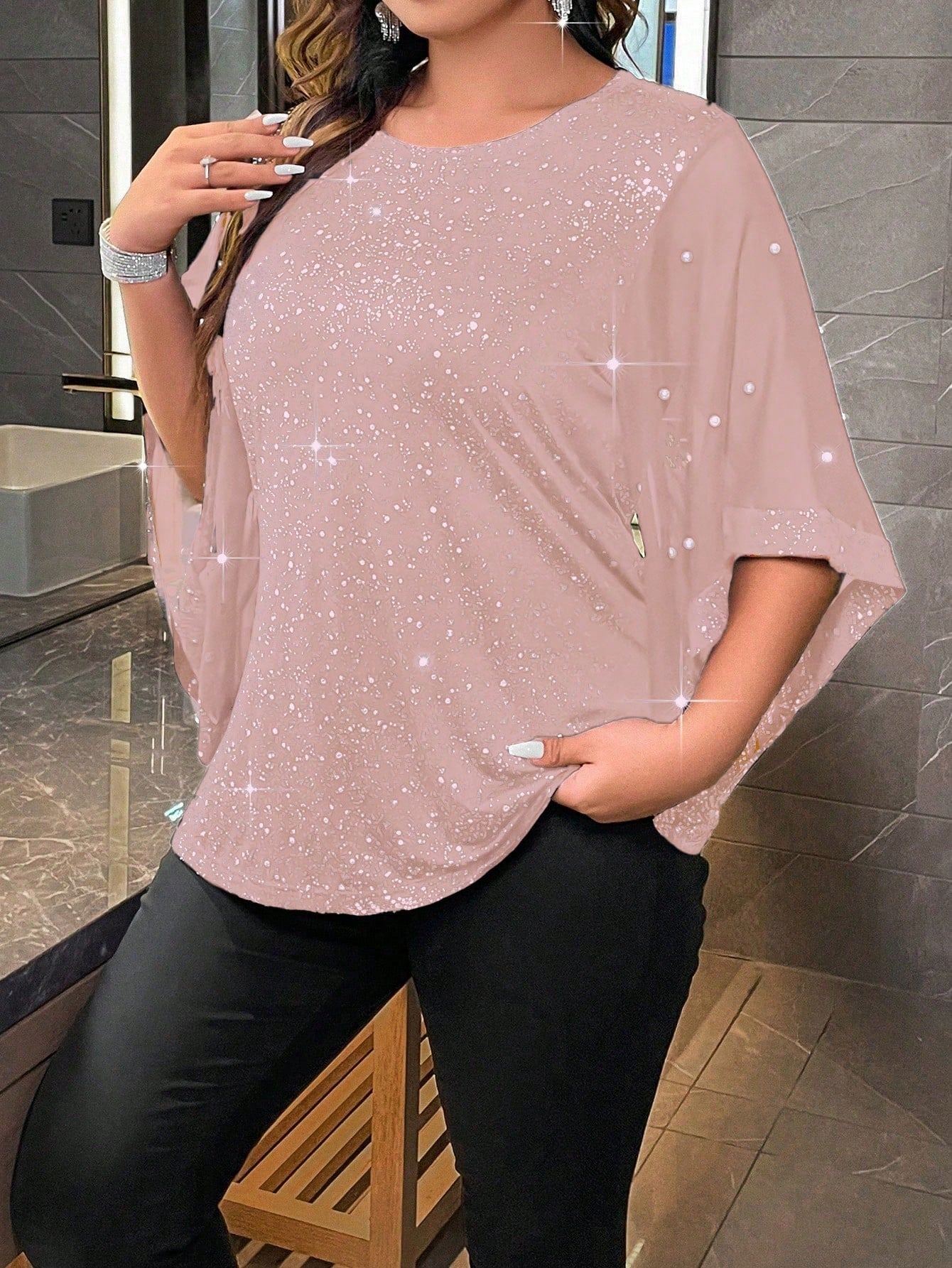 BAE Plus Size Women's Glitter Ruffle Sleeve T-Shirt