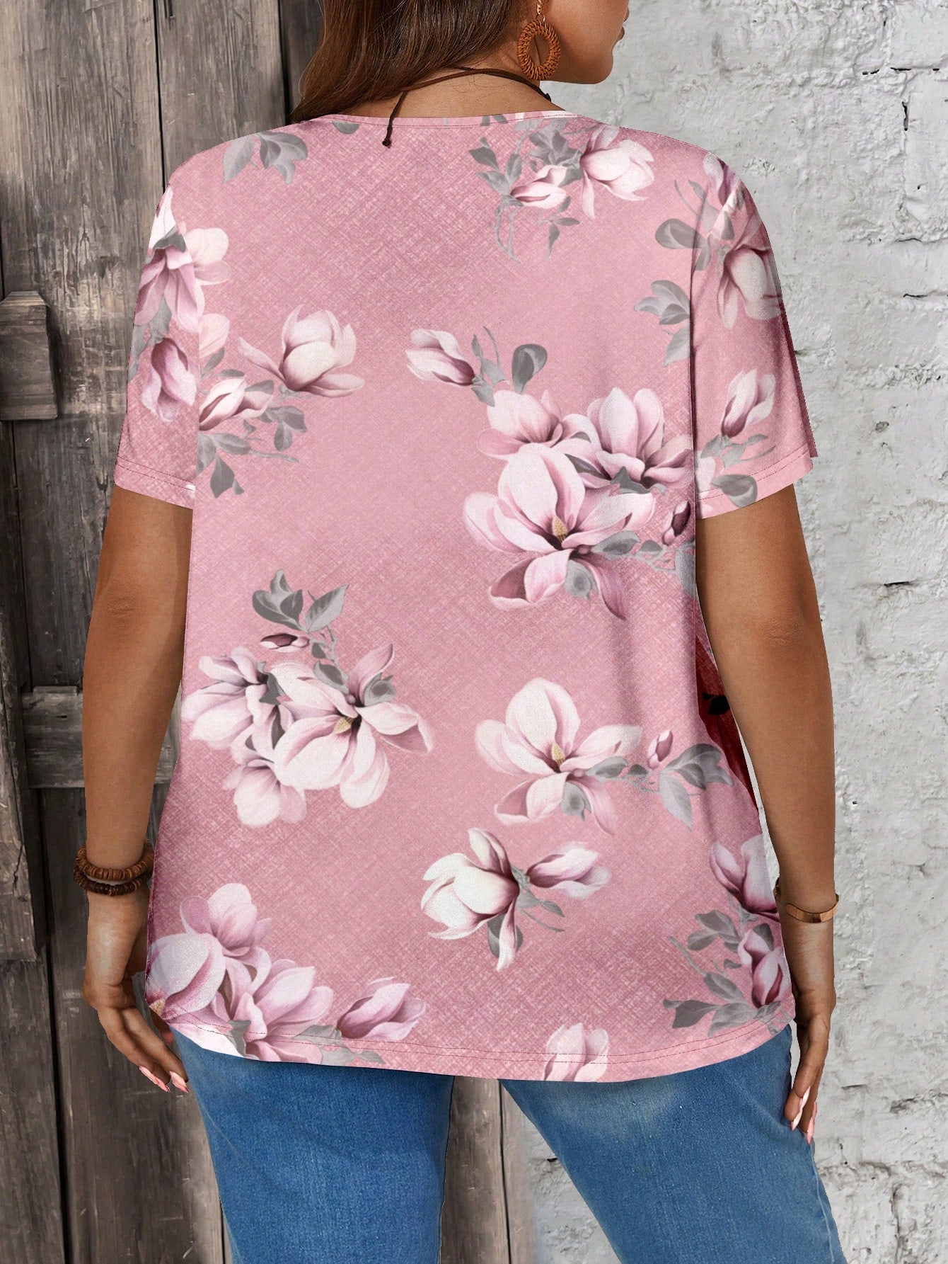 EMERY ROSE Casual Plus Size V-Neck Floral Print T-Shirt For Women, Summer