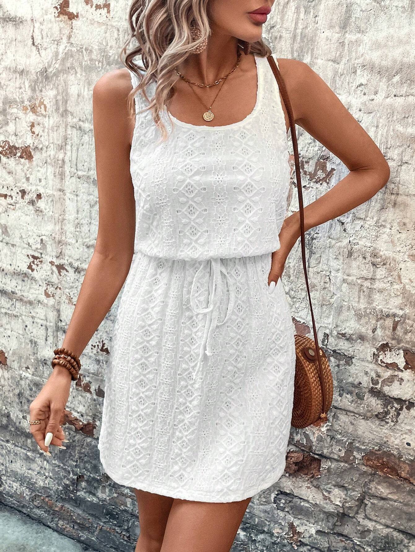 LUNE Summer White Knitted Hollow Out Jacquard Dress