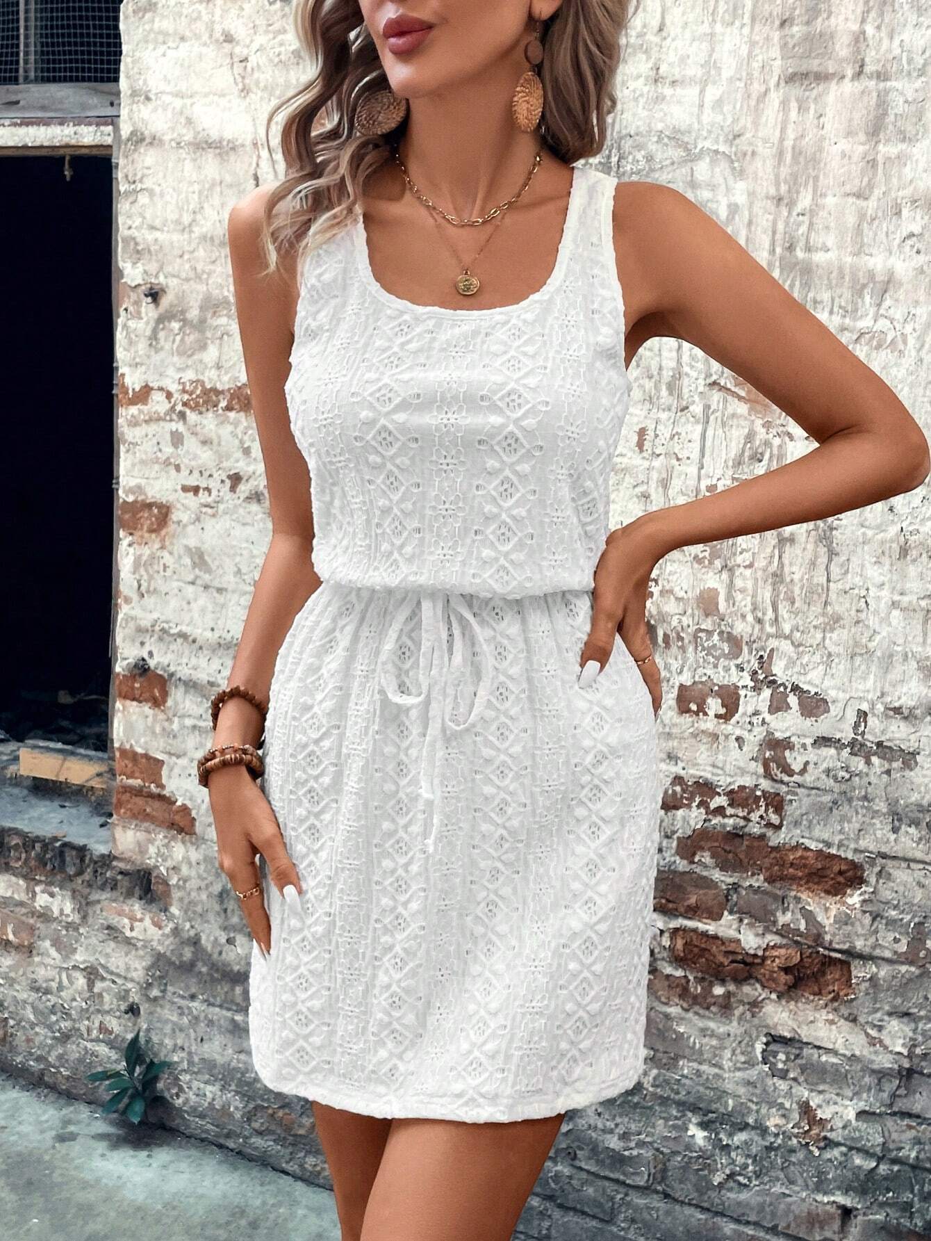 LUNE Summer White Knitted Hollow Out Jacquard Dress