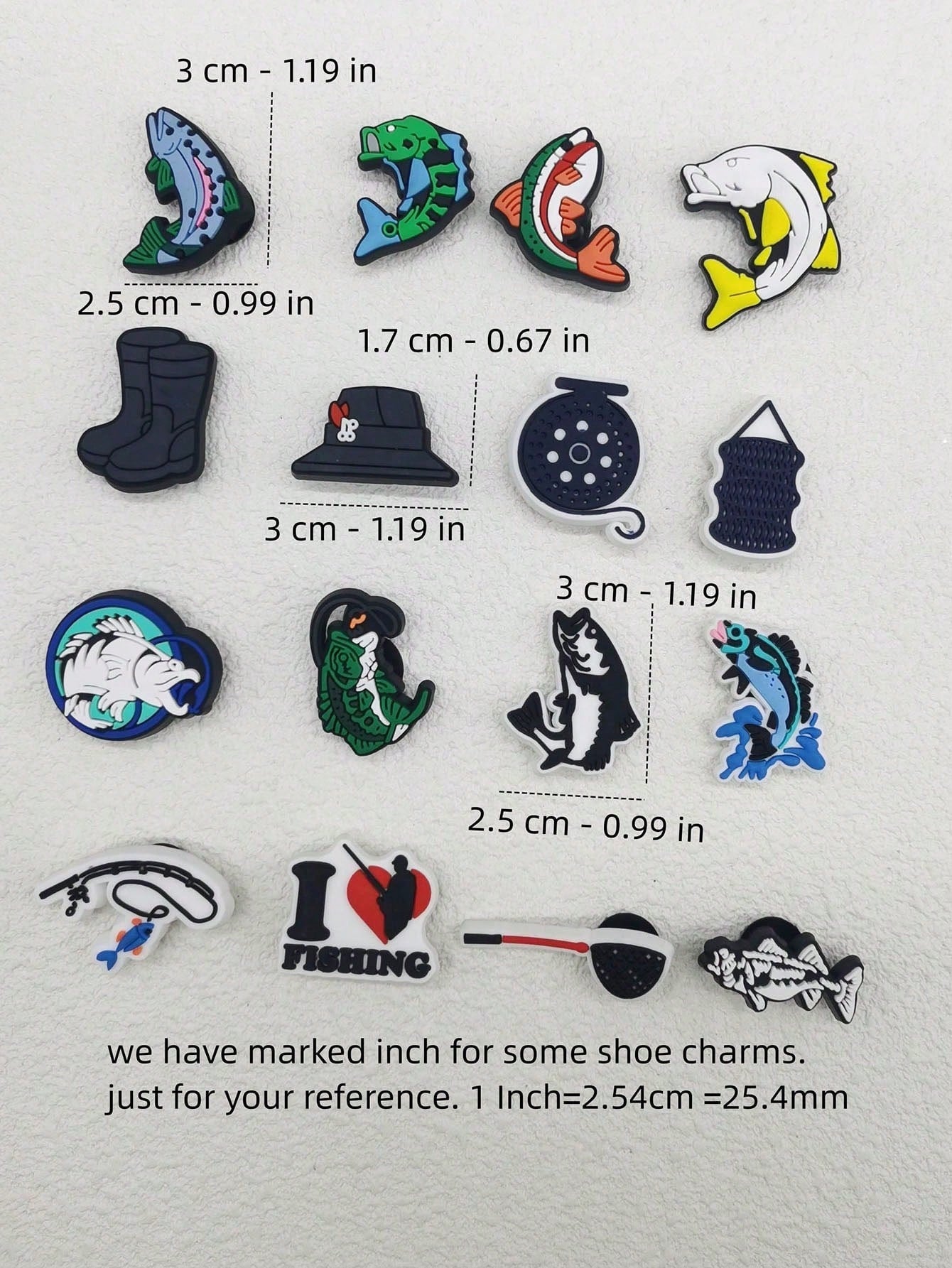 16PCS PVC Love Fishing Series Decor Shoe Charms Buckles Accessories DIY Funny Pattern Clog Pins Decorations Fit Adults Hole Garden Shoes Bubble Slides Slippers Sandals Beach Bag Xmas Halloween Birthday Party Gifts (Shoes Not Included)