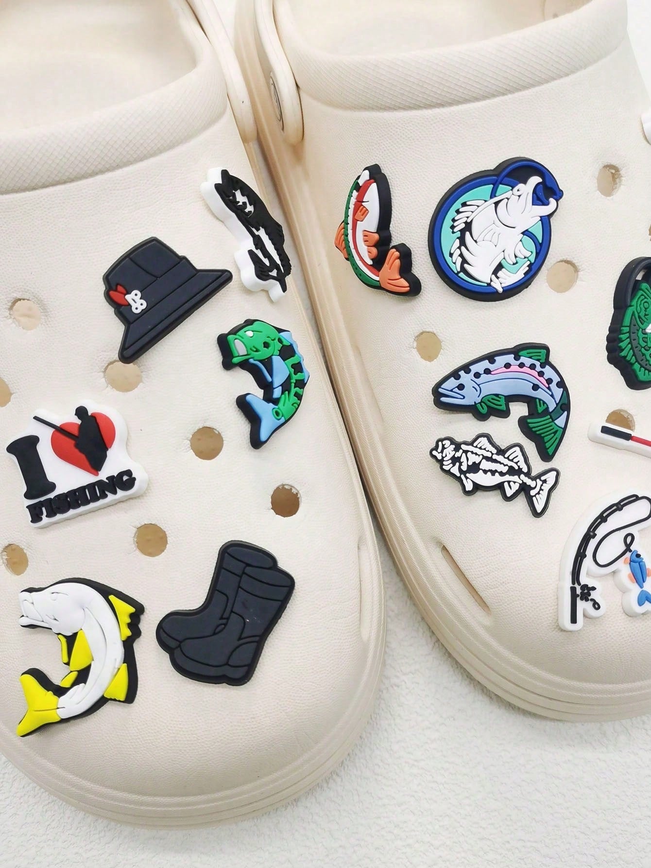 16PCS PVC Love Fishing Series Decor Shoe Charms Buckles Accessories DIY Funny Pattern Clog Pins Decorations Fit Adults Hole Garden Shoes Bubble Slides Slippers Sandals Beach Bag Xmas Halloween Birthday Party Gifts (Shoes Not Included)