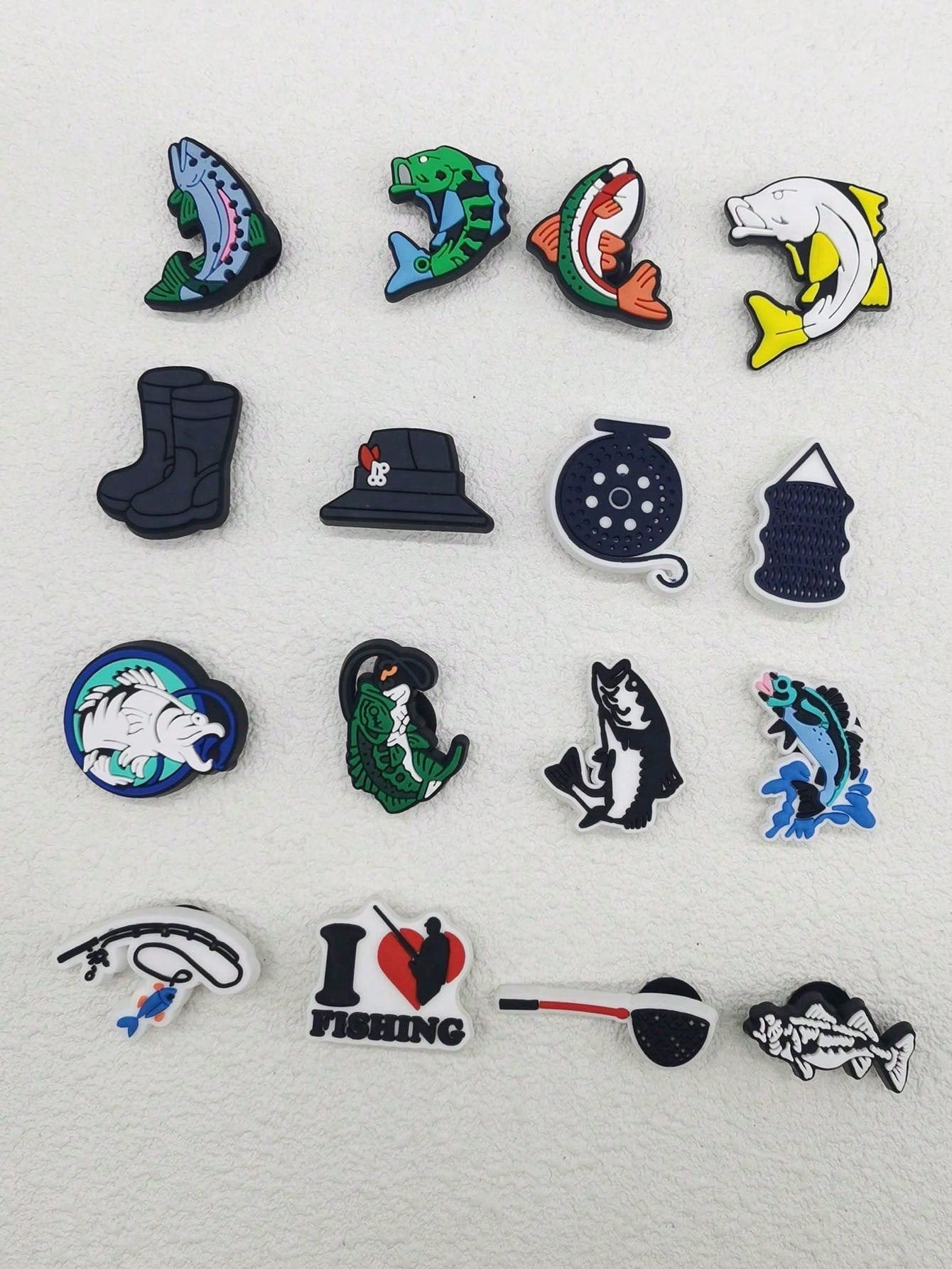 16PCS PVC Love Fishing Series Decor Shoe Charms Buckles Accessories DIY Funny Pattern Clog Pins Decorations Fit Adults Hole Garden Shoes Bubble Slides Slippers Sandals Beach Bag Xmas Halloween Birthday Party Gifts (Shoes Not Included)