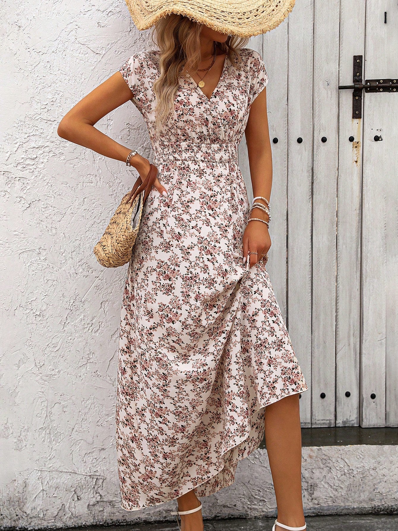 LUNE Floral Print Long Dress With Drawstring Waist, Perfect For Vacation