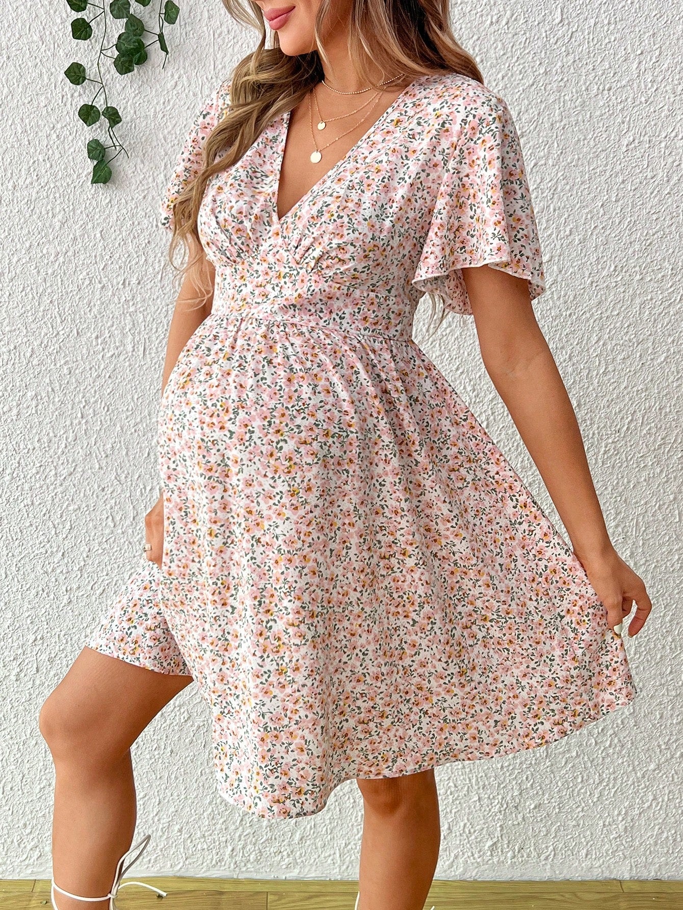 Maternity Casual Loose Floral Print Short Dress With A Vacation Style, Summer