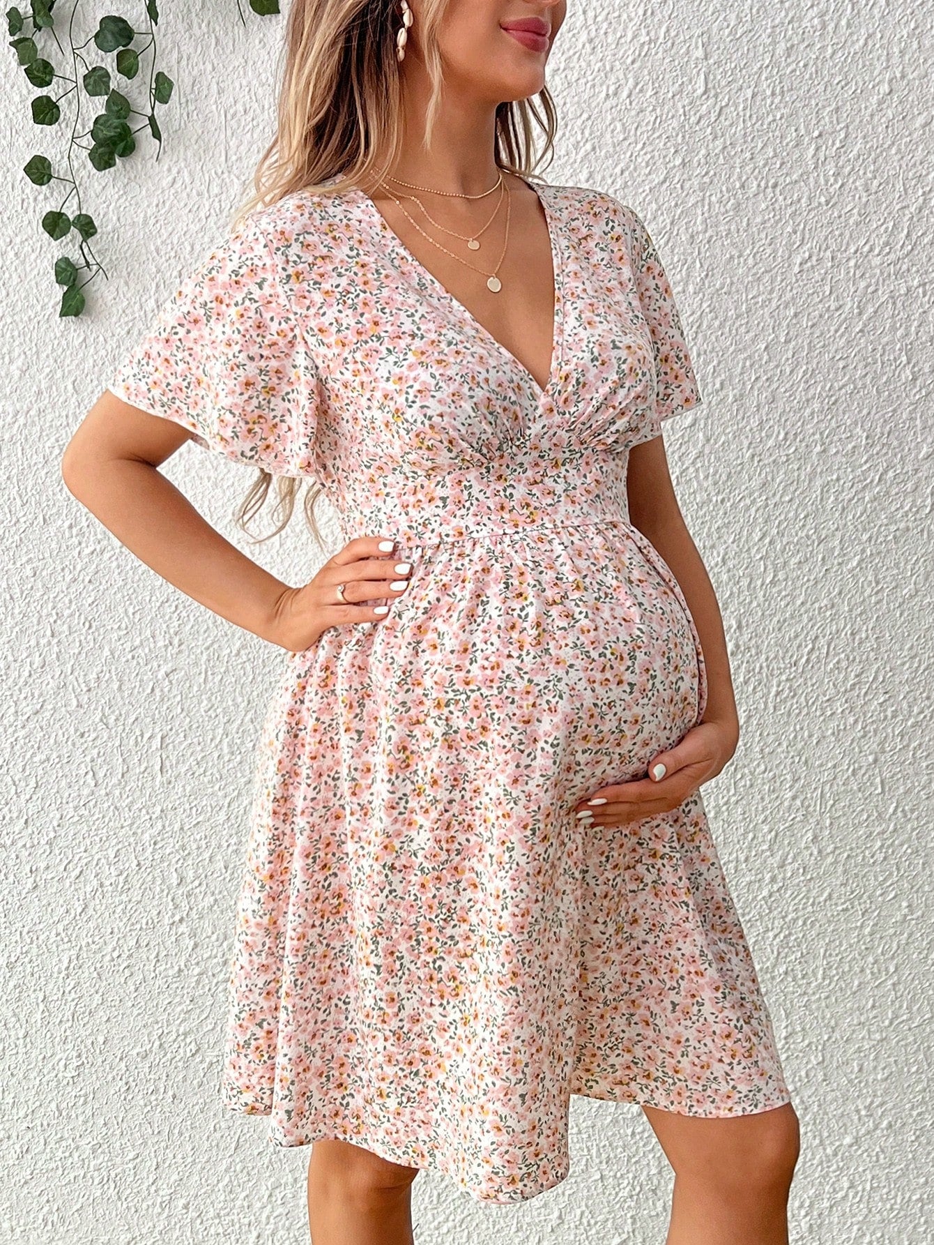 Maternity Casual Loose Floral Print Short Dress With A Vacation Style, Summer