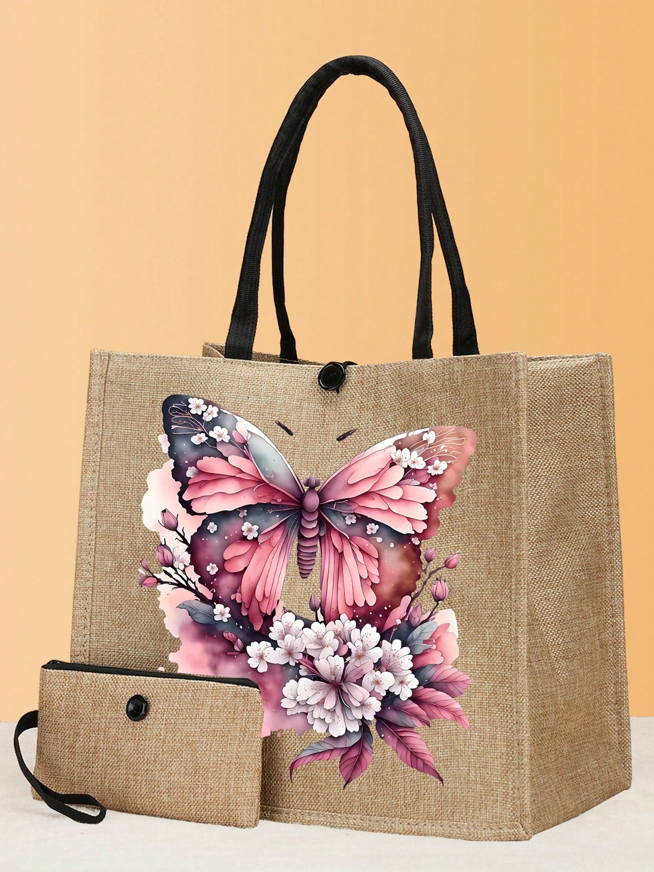 2PCS Large Capacity Is Simple And High -Level, Fashionable, Casual And Portable Design Pink Butterfly Pattern Daily Matching Women's Handbags, Traveling, Traveling, Shopping, Daily Commuting, Gifts, Etc.School Bag,Back To School Backpack,School Bag Set,L