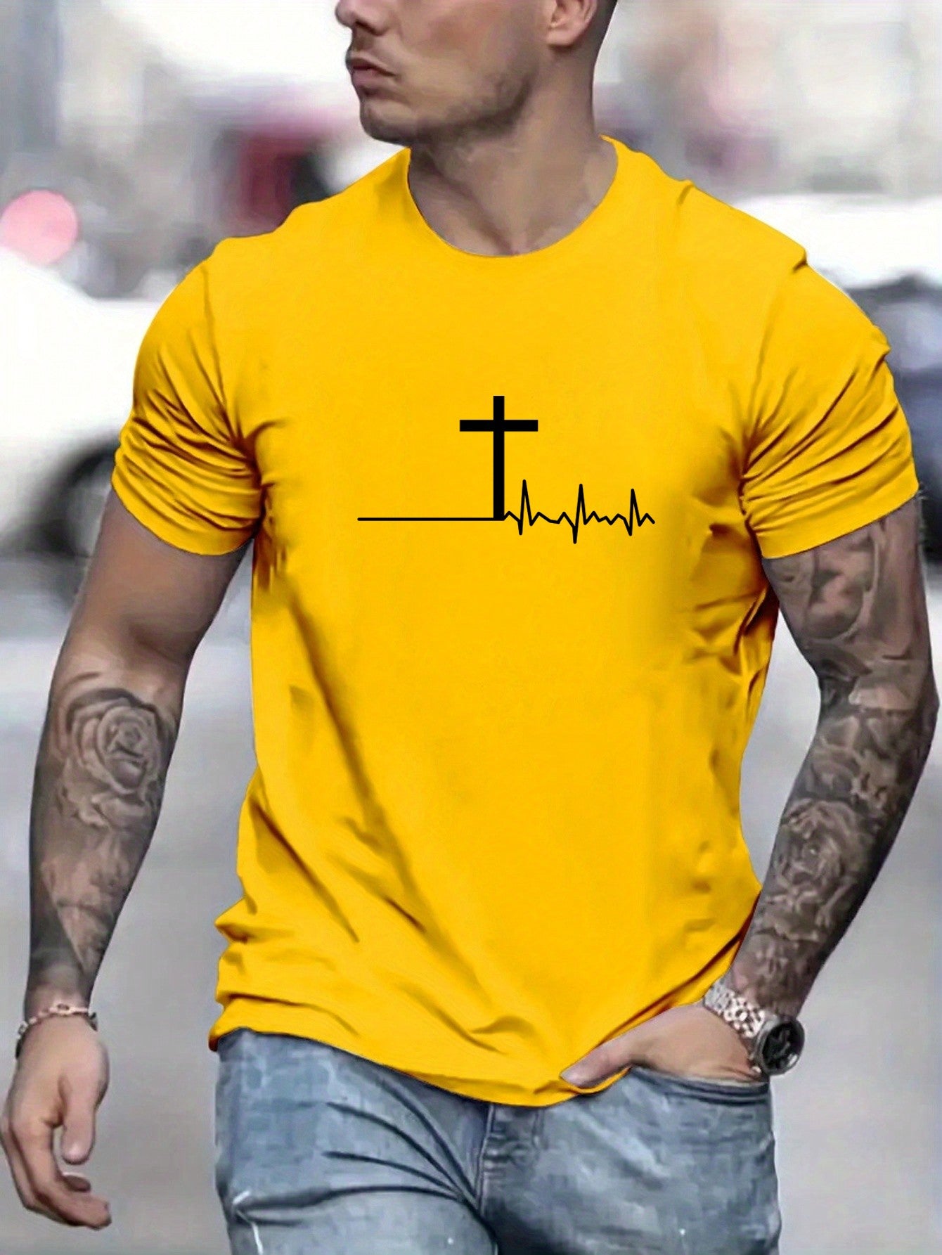 Manfinity Homme Men Summer Casual Short Sleeve T-Shirt With ECG And Cross Print