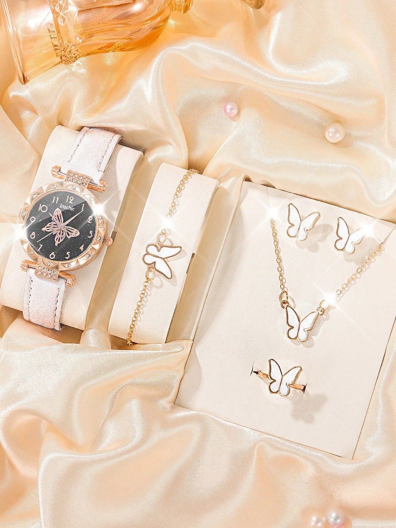 5pcs Elegant And Lovely Girls Quartz Watch Pink Butterfly Round Dial Quartz Watch For Women The Best Butterfly Necklace Earrings Bracelet Jewelry Watch Set As A Gift For Friends Halloween Christmas Gift Thanksgiving